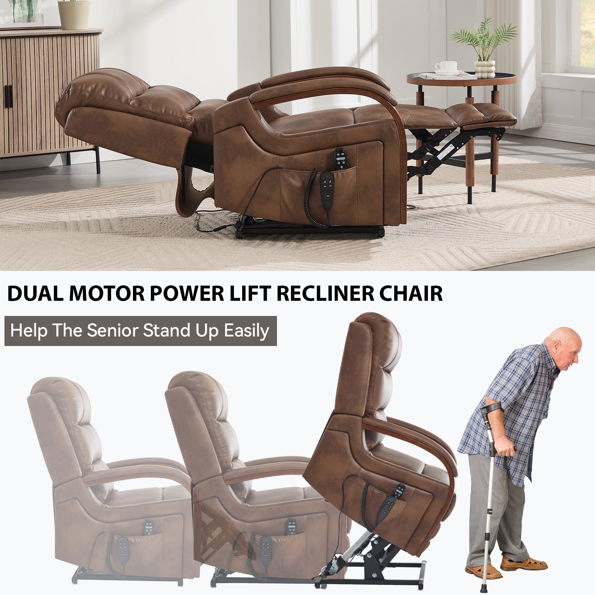 Power Brown Leatheraire Lift Recliner Chair Dual Motor Infinite Position Up to 350 LBS with Solid Wood Armrests, Heat Massage and Heavy Duty Motion Mechanism - Grand Goldman Shop