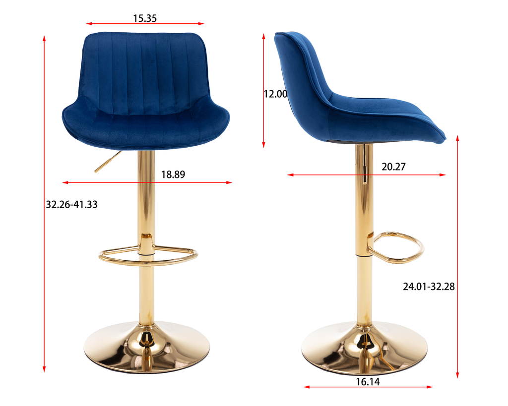 Chrome Footrest and Base Swivel Height Adjustable Mechanical Lifting Velvet + Golden Leg Simple Bar Stool,Set of 2,Navy - Grand Goldman Shop