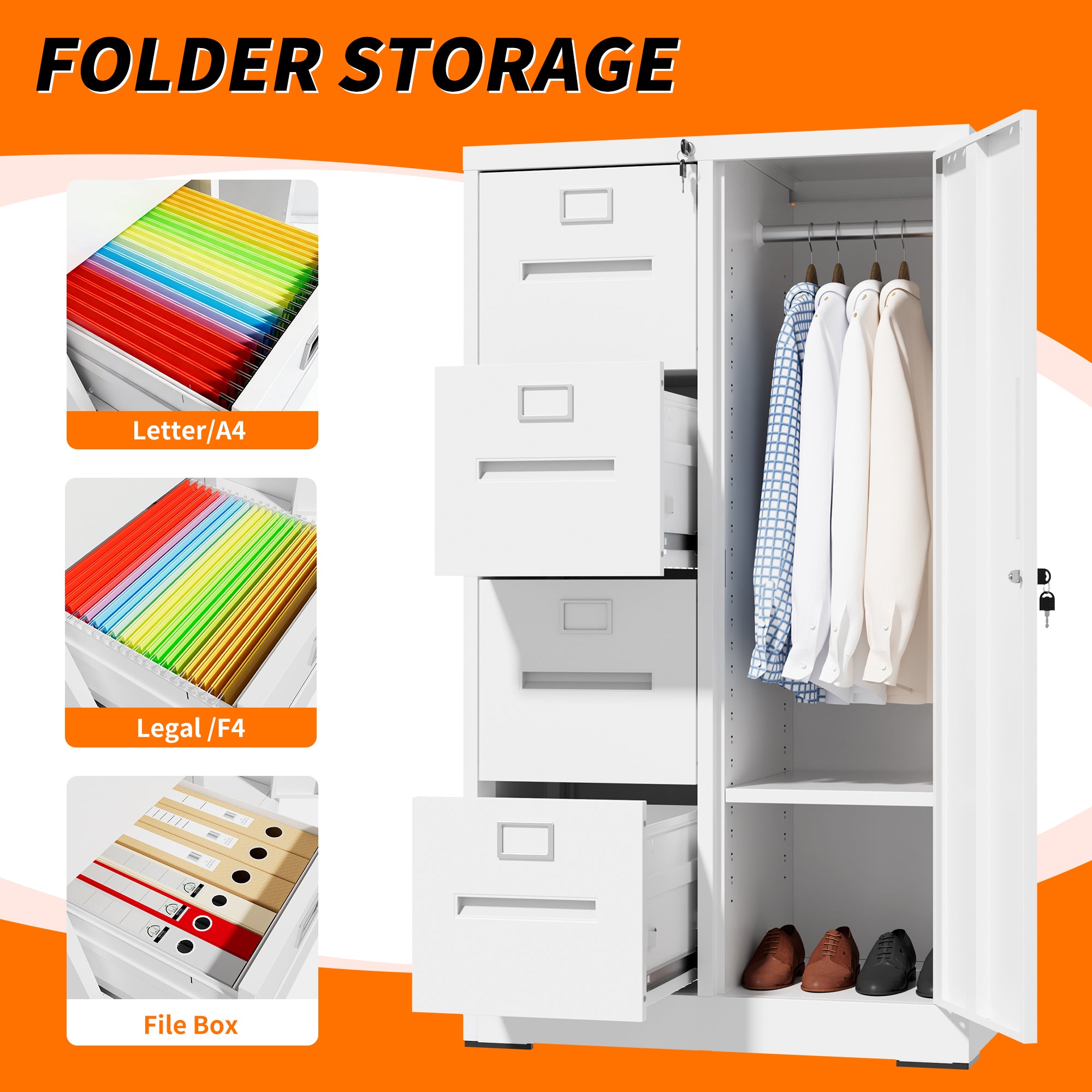 Metal Storage Vertical Filing Cabinet with Lock, Steel File Locker with 4 Drawers and 1 door for School, Living Room, Bedroom