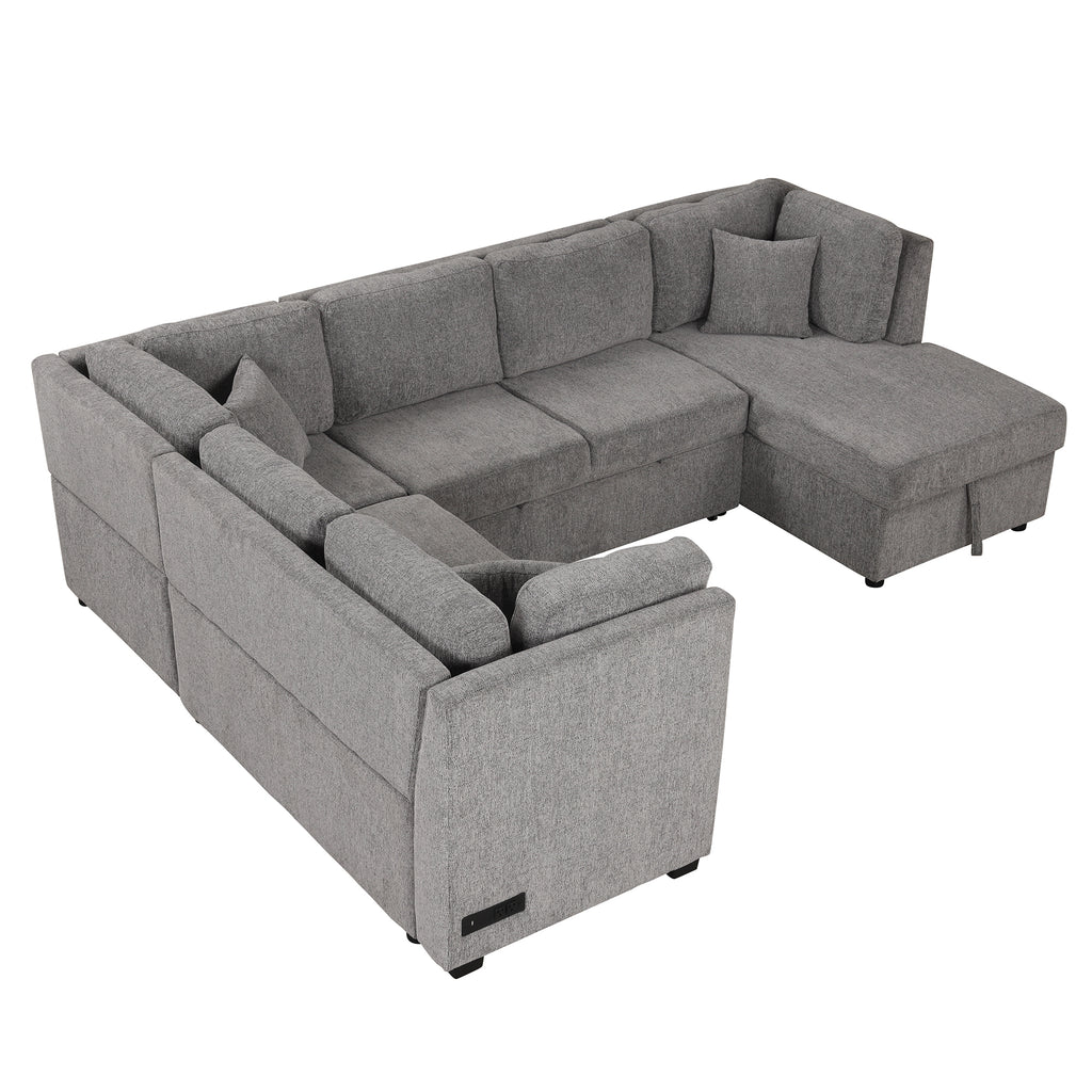 U-shaped Sectional Sofa Pull out Sofa Bed with USB Ports, Power Sockets, Storage Chaise, Light Gray Chenille, 108.6' - Grand Goldman Shop
