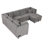 U-shaped Sectional Sofa Pull out Sofa Bed with USB Ports, Power Sockets, Storage Chaise, Light Gray Chenille, 108.6' - Grand Goldman Shop