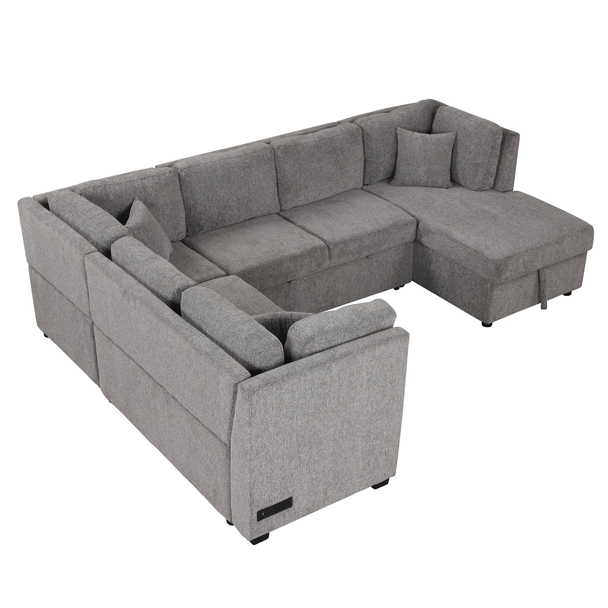 U-shaped Sectional Sofa Pull out Sofa Bed with USB Ports, Power Sockets, Storage Chaise, Light Gray Chenille, 108.6' - Grand Goldman Shop