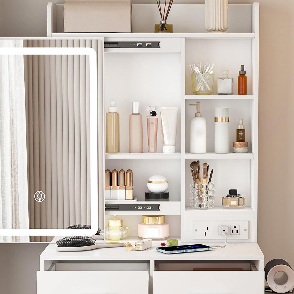 Space-Saving White Makeup Vanity Desk with Mirror & Adjustable LED Lights, Built-in Power Outlet, Hidden Storage, Includes Stool & Shelf - Grand Goldman Shop