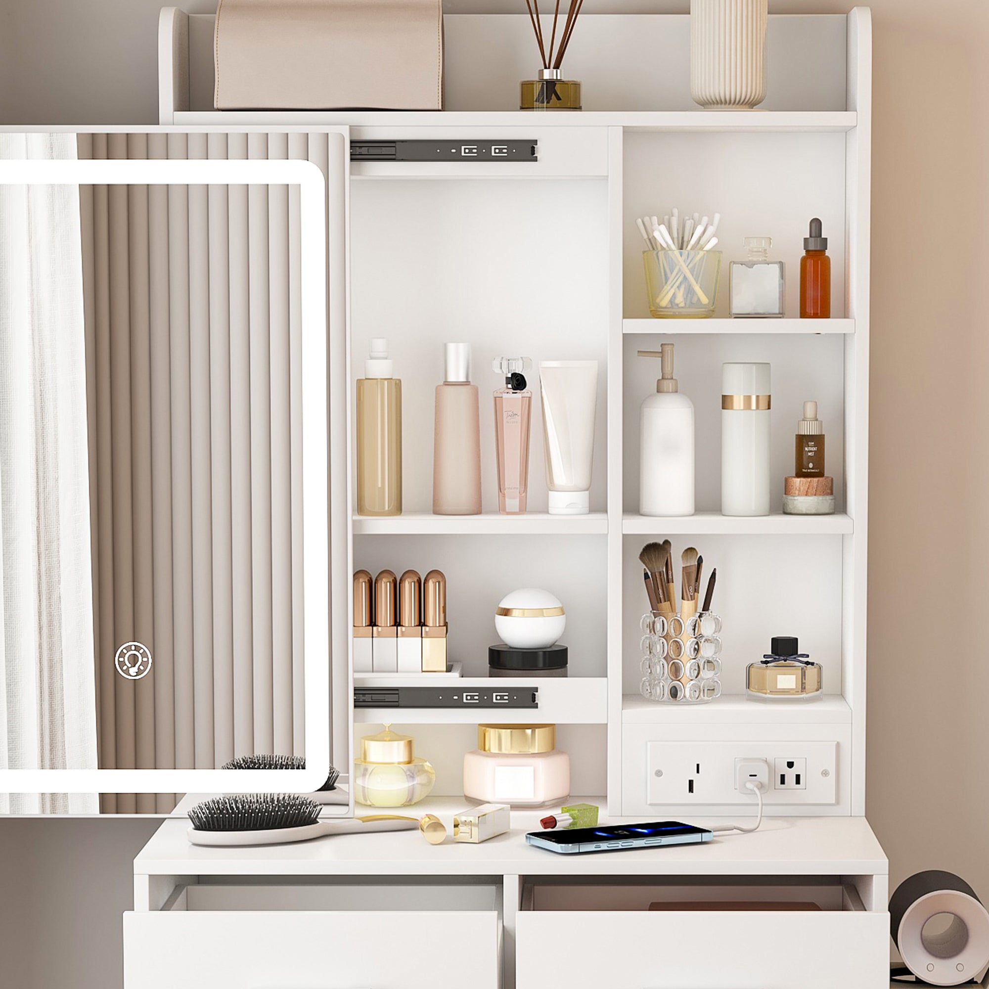 Space-Saving White Makeup Vanity Desk with Mirror & Adjustable LED Lights, Built-in Power Outlet, Hidden Storage, Includes Stool & Shelf - Grand Goldman Shop