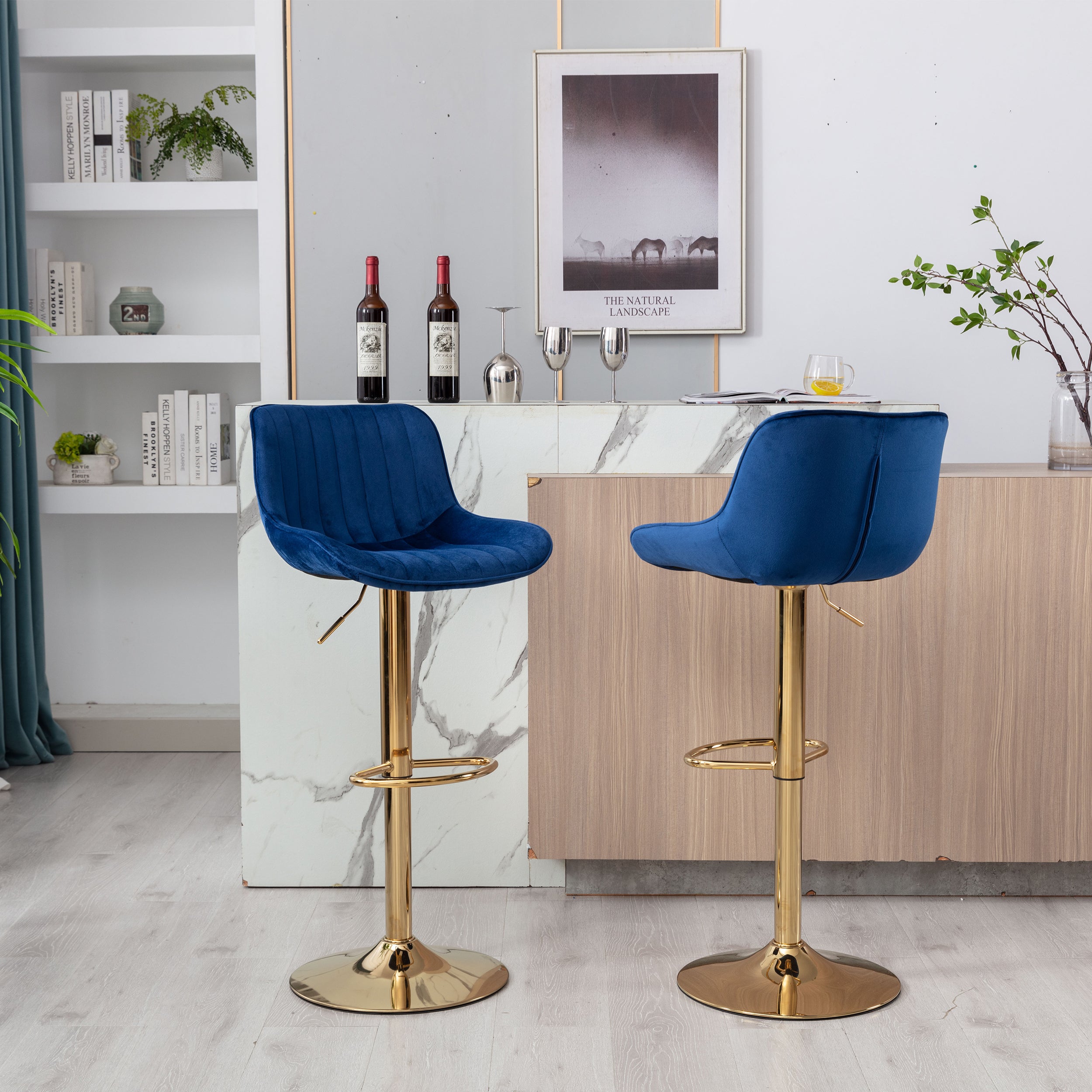 Chrome Footrest and Base Swivel Height Adjustable Mechanical Lifting Velvet + Golden Leg Simple Bar Stool,Set of 2,Navy - Grand Goldman Shop