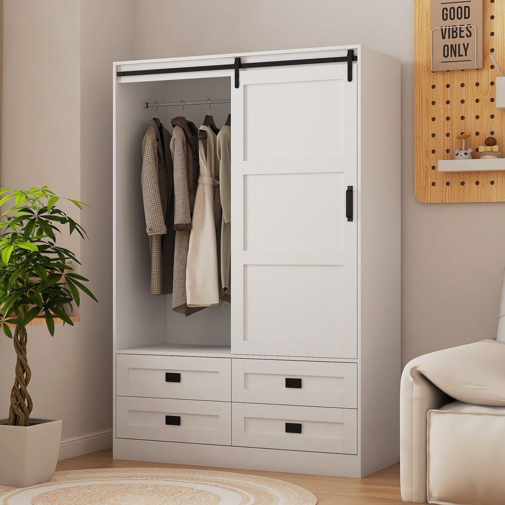 Tall Bedroom Armoire Wardrobe Closet Clothing Storage Cabinet with Hanging Rod Barn Door Drawers Open Shelves - Grand Goldman Shop