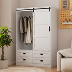 Tall Bedroom Armoire Wardrobe Closet Clothing Storage Cabinet with Hanging Rod Barn Door Drawers Open Shelves - Grand Goldman Shop