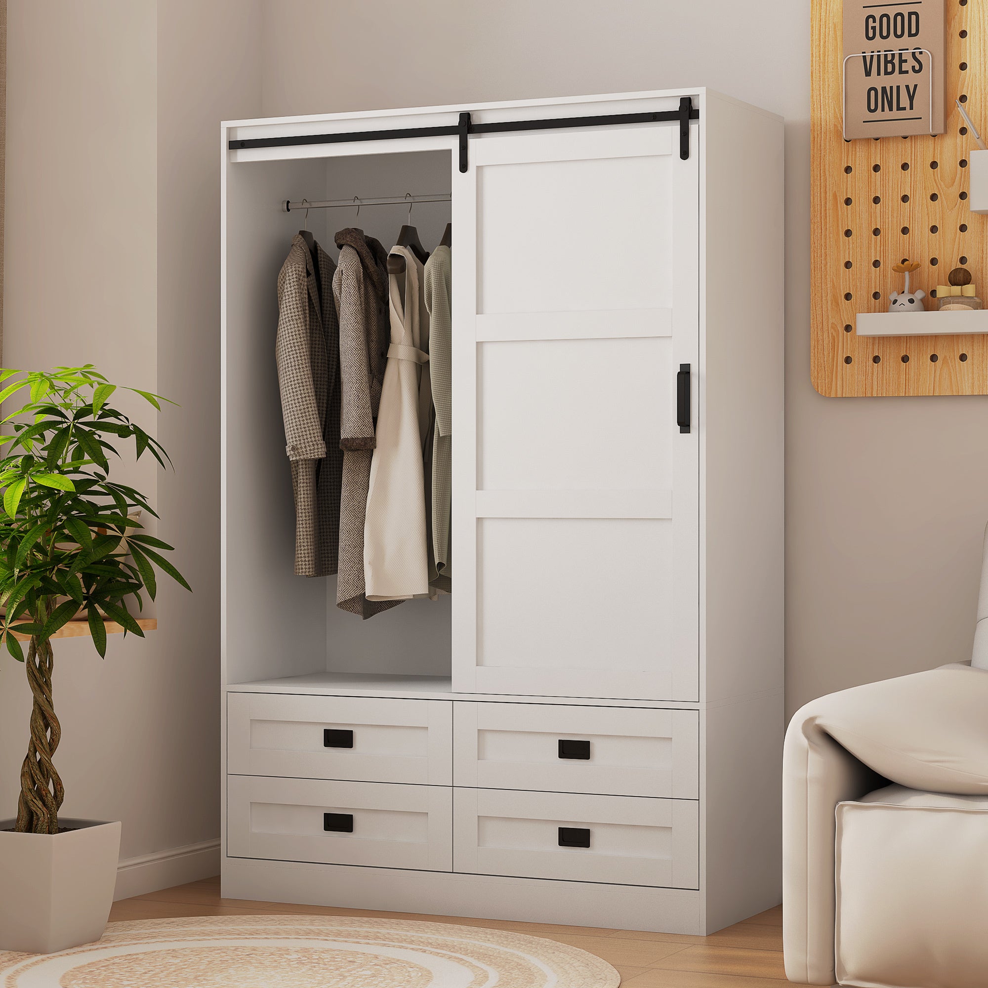 Tall Bedroom Armoire Wardrobe Closet Clothing Storage Cabinet with Hanging Rod Barn Door Drawers Open Shelves - Grand Goldman Shop