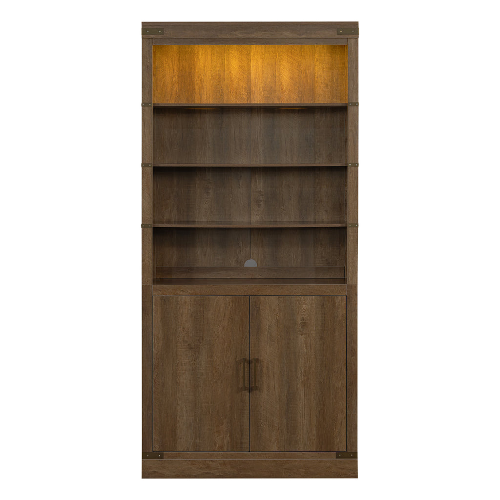 83.4'Tall Modern Bookshelf with Doors, Farmhouse Bookcase with 3-Tier Adjustable Shelves, Display Shelves with LED Light,Larg