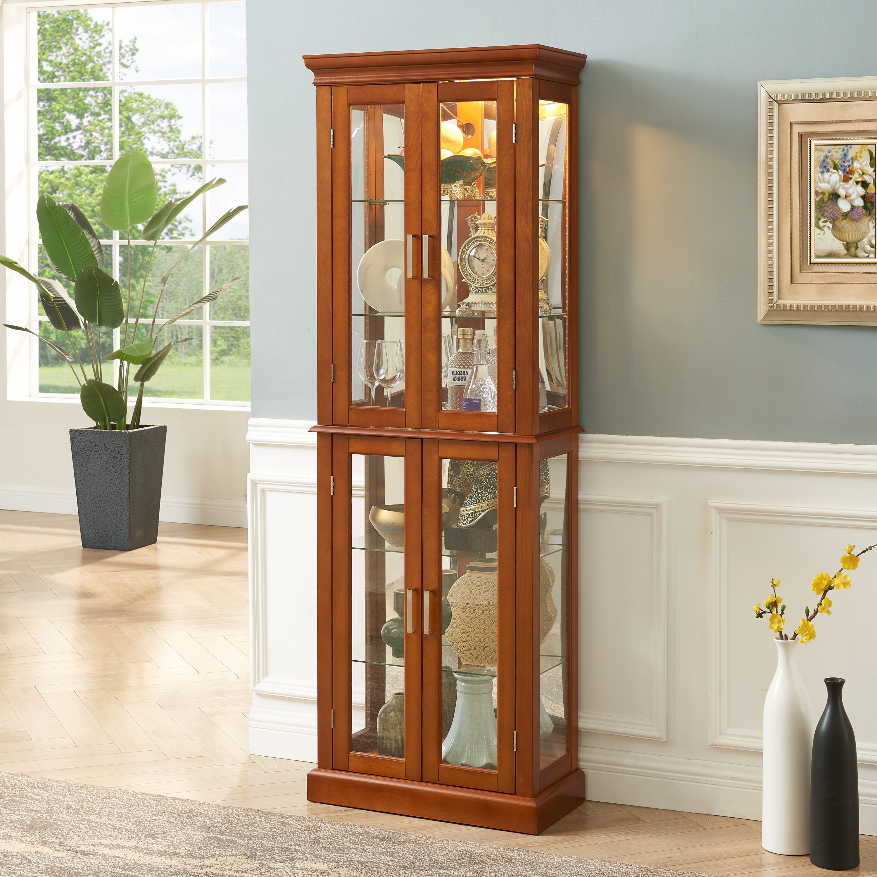 Lighted Curio Cabinet with Adjustable Shelves, Mirrored Back, and Tempered Glass Doors, 6-Tier Walnut Finish - Grand Goldman Shop
