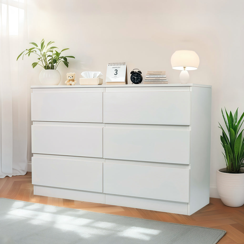 Modern 6 Drawer Dresser with Spacious Countertop and Concealed Handles, Storage Cabinet for Bedroom and Living Room, White MDF - Grand Goldman Shop