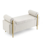 Elegant Upholstered Linen Storage Bench with Cylindrical Arms and Iron Legs, Beige - Grand Goldman Shop