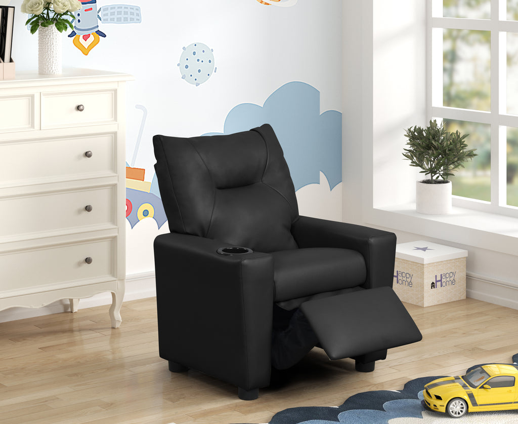 Perline 23'W Black PU Leather Kids Recliner Chair with Cupholder - Grand Goldman