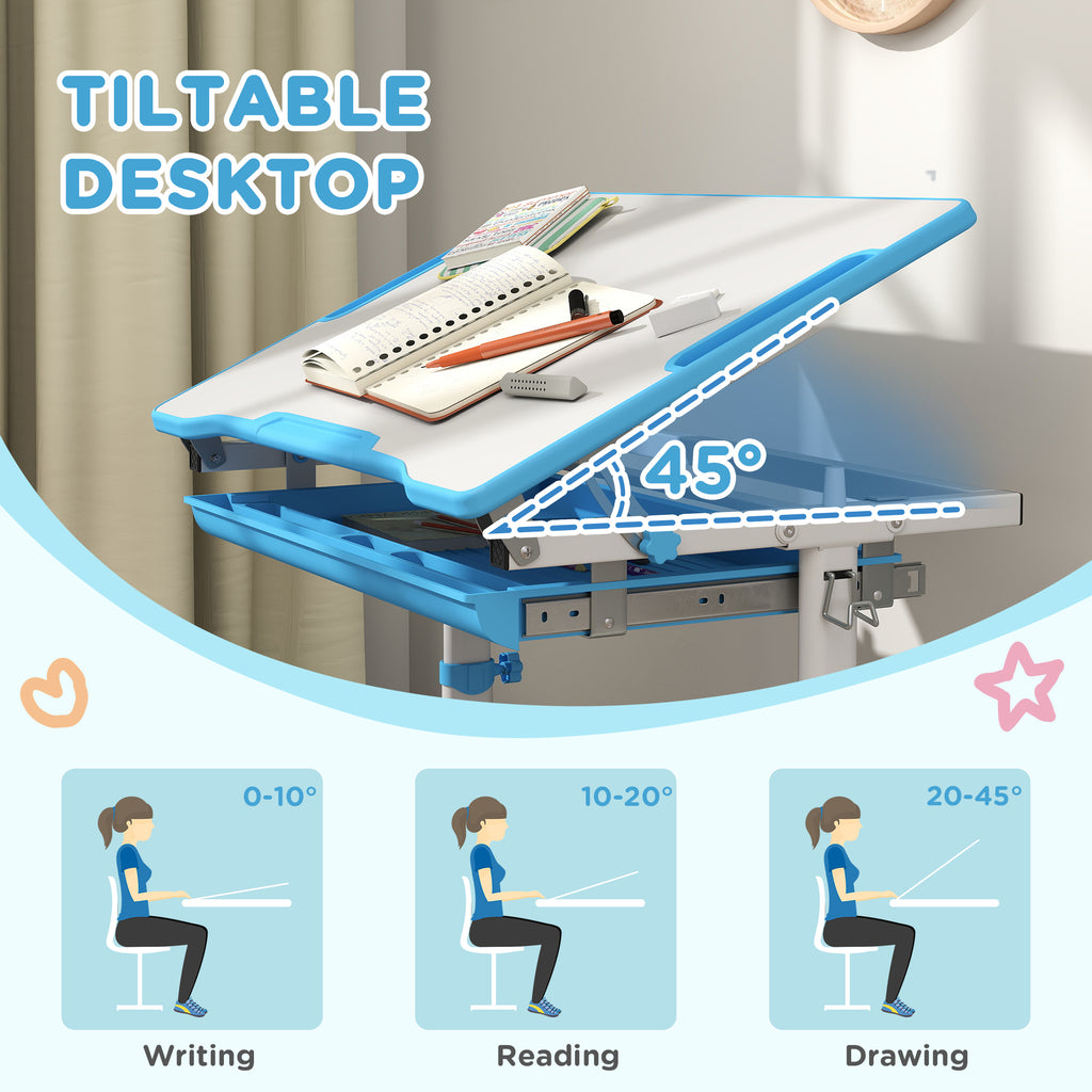 Qaba Kids Desk and Chairs Set, Height Adjustable Children School Study Desk with Tilt Desktop, Storage Drawer, Pen Slot, Hook