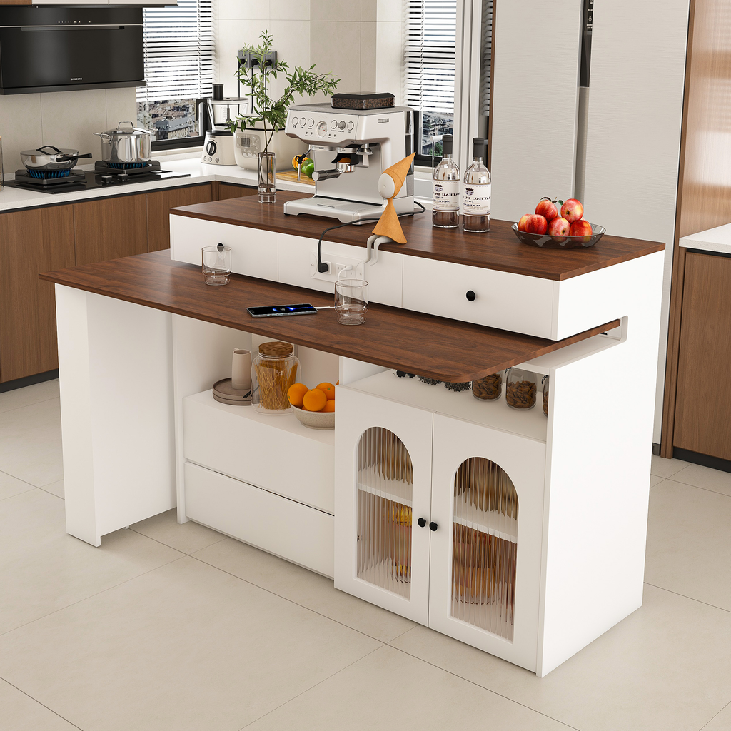 Kitchen Island with Extendable & Rotating Table, MDF with Walnut Veneer Retro Design, 4 Drawers & Glass Door Cabinets with Built-in Socket, Expandable Dining Station for 2-4 Person - Grand Goldman Shop
