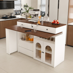 Kitchen Island with Extendable & Rotating Table, MDF with Walnut Veneer Retro Design, 4 Drawers & Glass Door Cabinets with Built-in Socket, Expandable Dining Station for 2-4 Person - Grand Goldman Shop