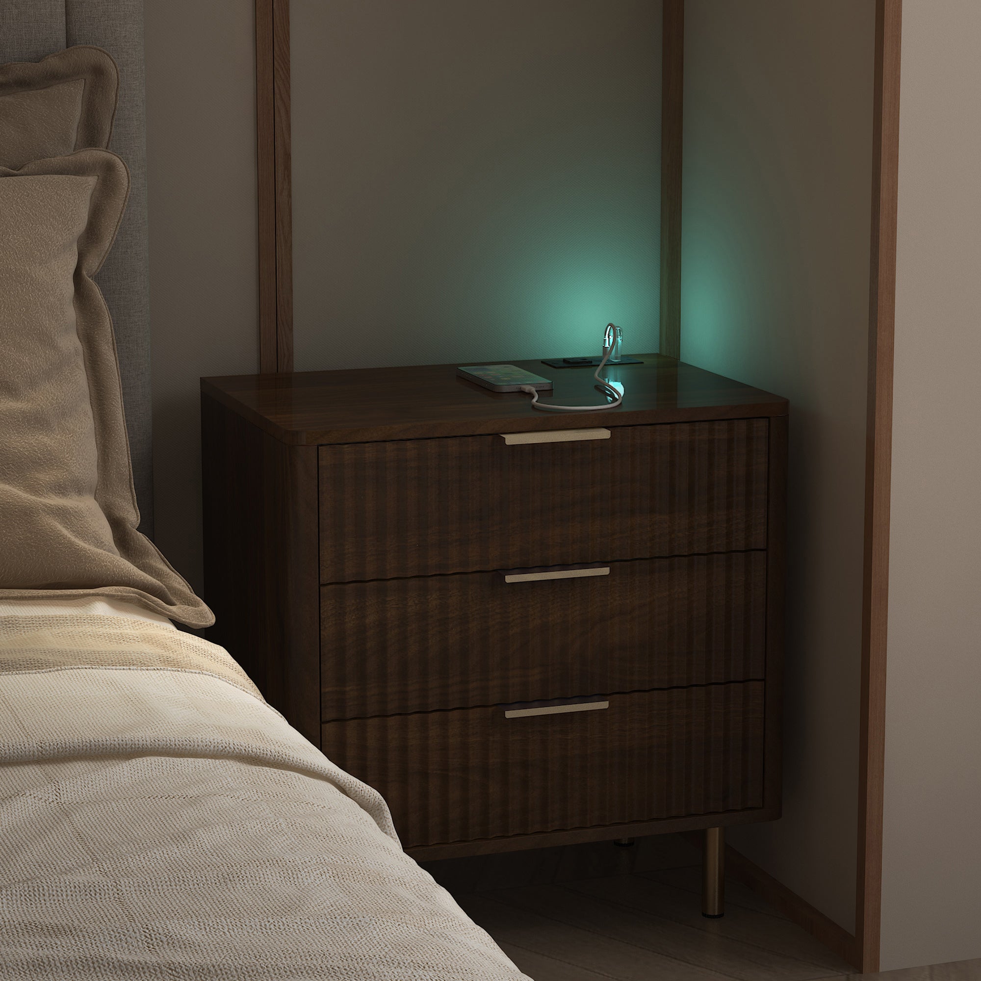 Nightstand with Charging Station, Smart Nightstand with Night Light, Modern Night Stand with Storage Cabinet for Bedroom, Wood - Grand Goldman Shop
