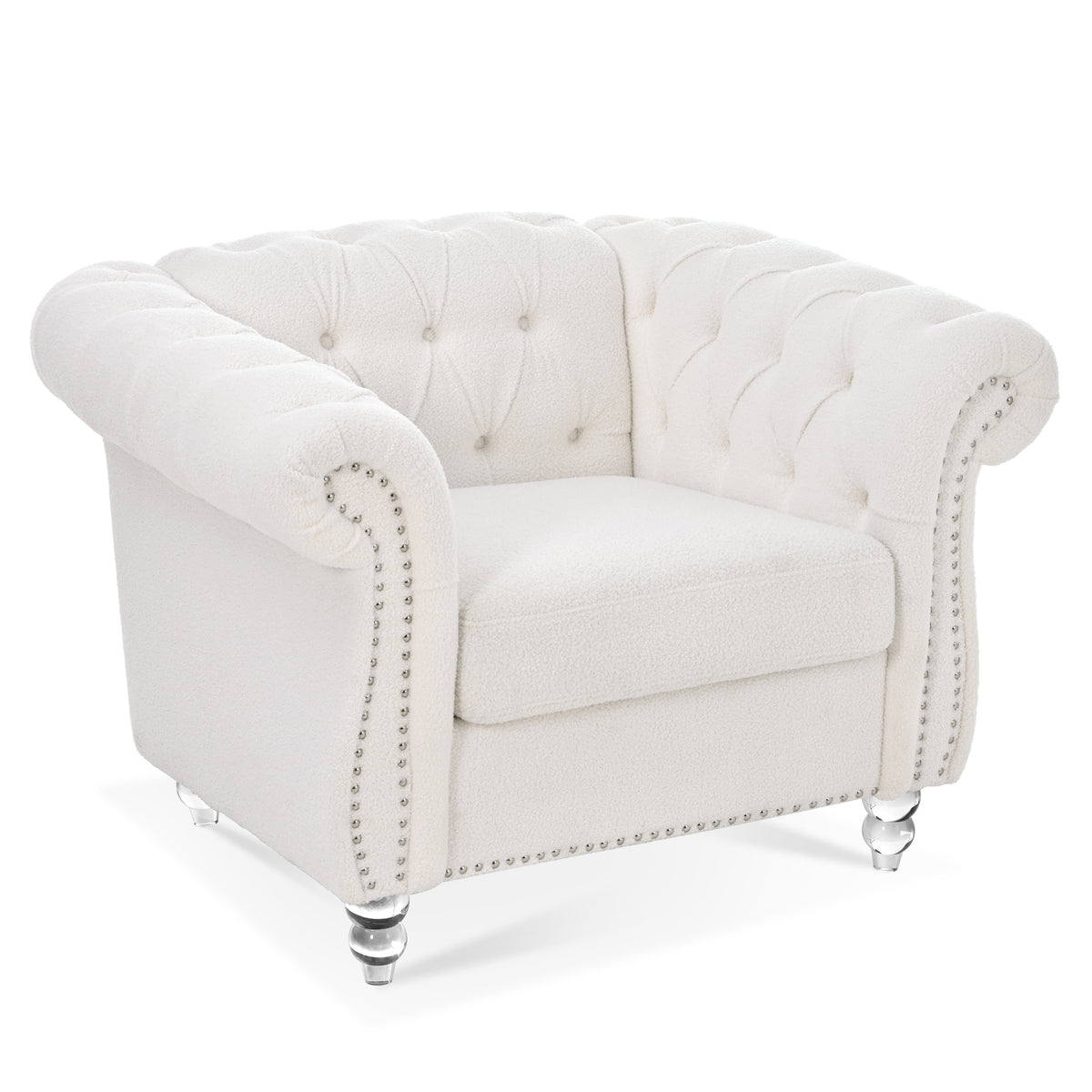 Modern Teddy Velvet 1 Seater Sofa for Living Room, White, Acrylic Legs, 38.98'W x 32.09'D x 28.35'H - Grand Goldman Shop