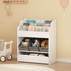 Kids Bookshelf with Storage Bins and Drawer, Multi-Functional Wooden Book Organizer for Toddlers, White Bookcase for Toys, Bo