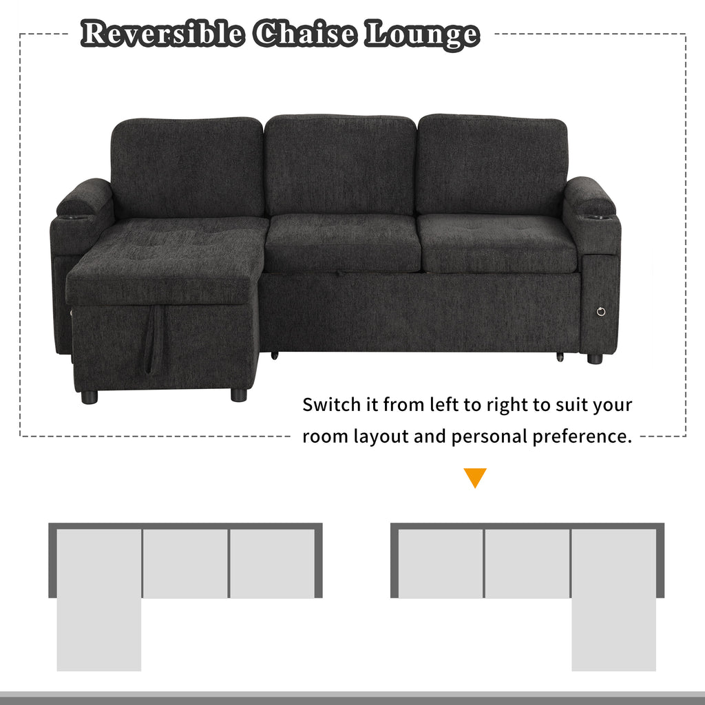 Black Convertible L-shaped Sofa Couch with Storage, Cup Holders, USB Ports, Chenille Fabric, 83.5' - Grand Goldman Shop