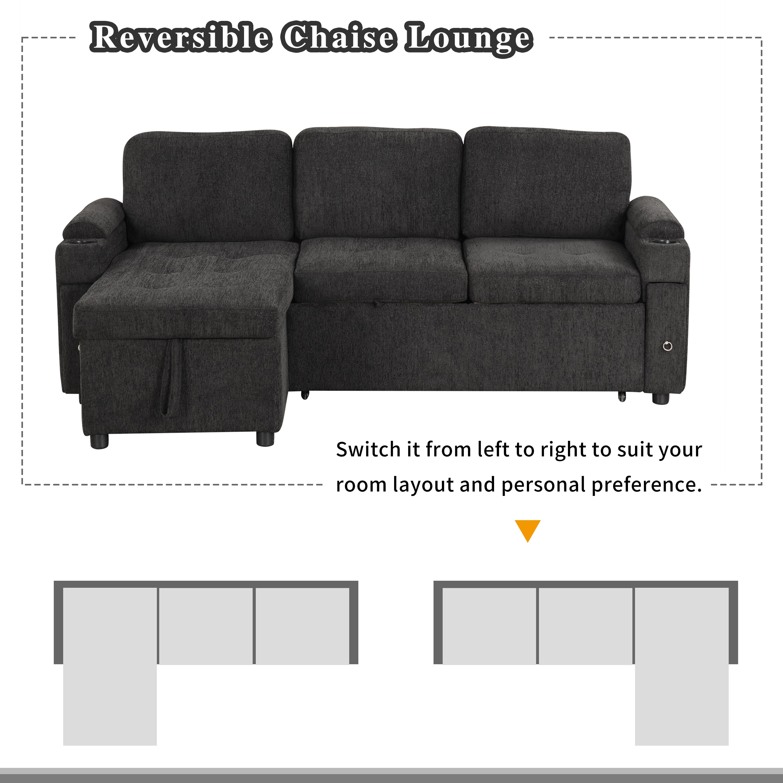 Black Convertible L-shaped Sofa Couch with Storage, Cup Holders, USB Ports, Chenille Fabric, 83.5' - Grand Goldman Shop