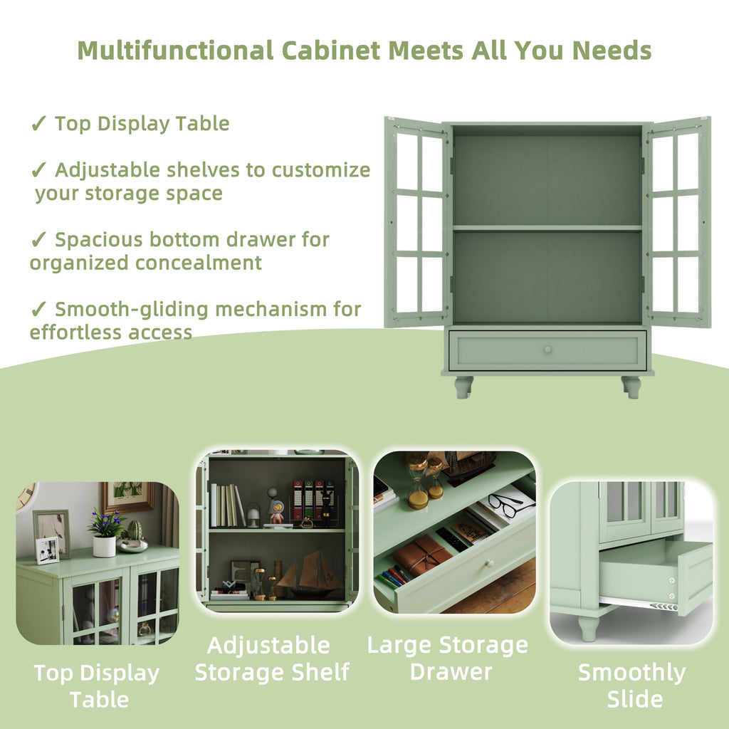 Minimalism Buffet Cabinet with Double Glass Doors and Drawer, Modern Wooden Storage Sideboard Cupboard, Mint Green, MDF and Solid Wood, 28''x15''x36.22'' - Grand Goldman Shop