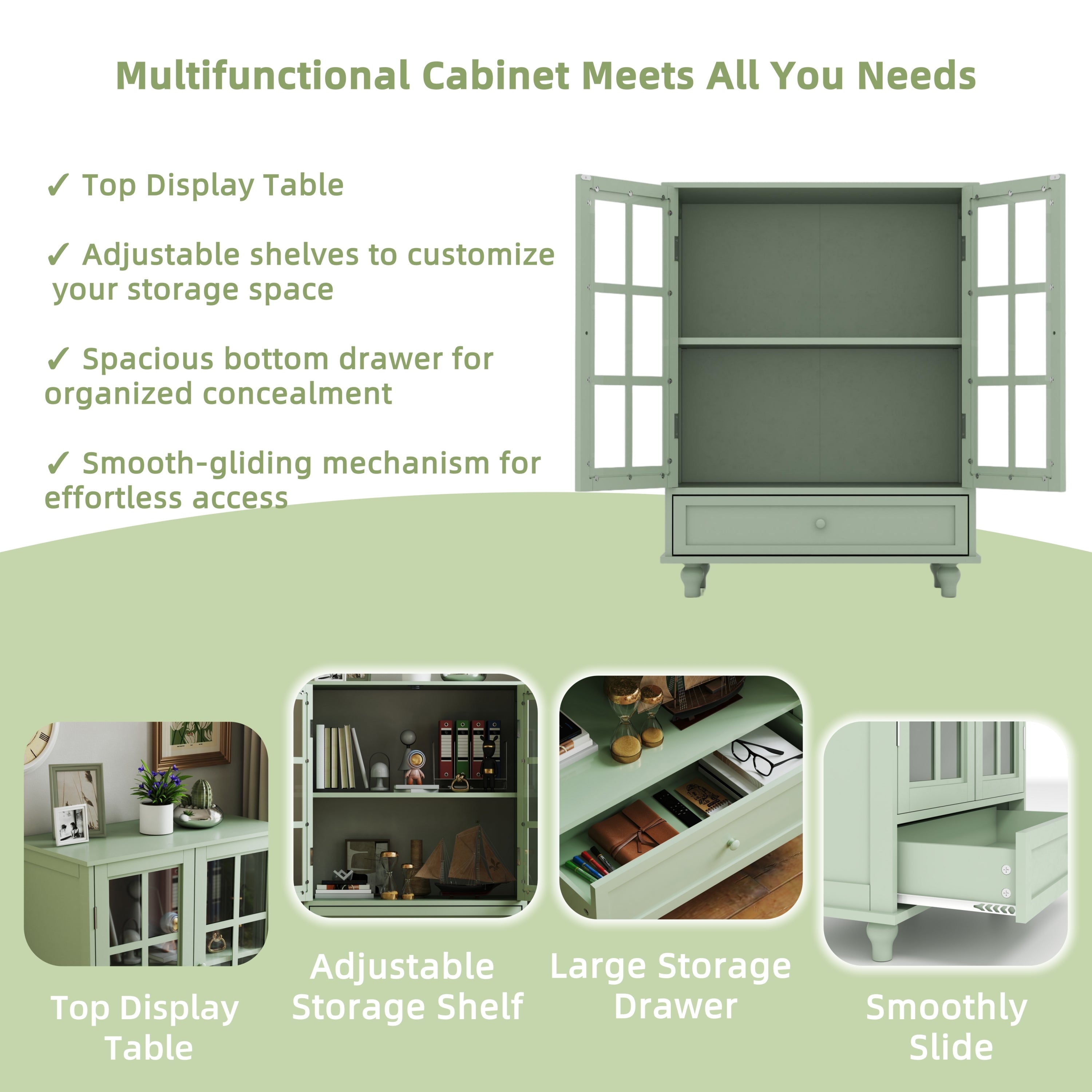 Minimalism Buffet Cabinet with Double Glass Doors and Drawer, Modern Wooden Storage Sideboard Cupboard, Mint Green, MDF and Solid Wood, 28''x15''x36.22'' - Grand Goldman Shop