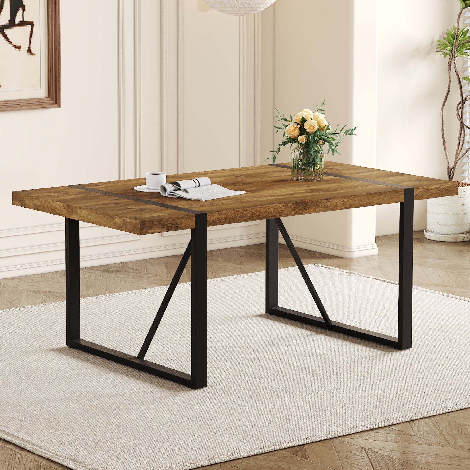 Rustic Industrial Rectangular Wood Dining Table For 4-6 Person, Thick Engineered Wood color Tabletop and Black Metal Legs,Desk For Kitchen Dining Living Room - Grand Goldman Shop