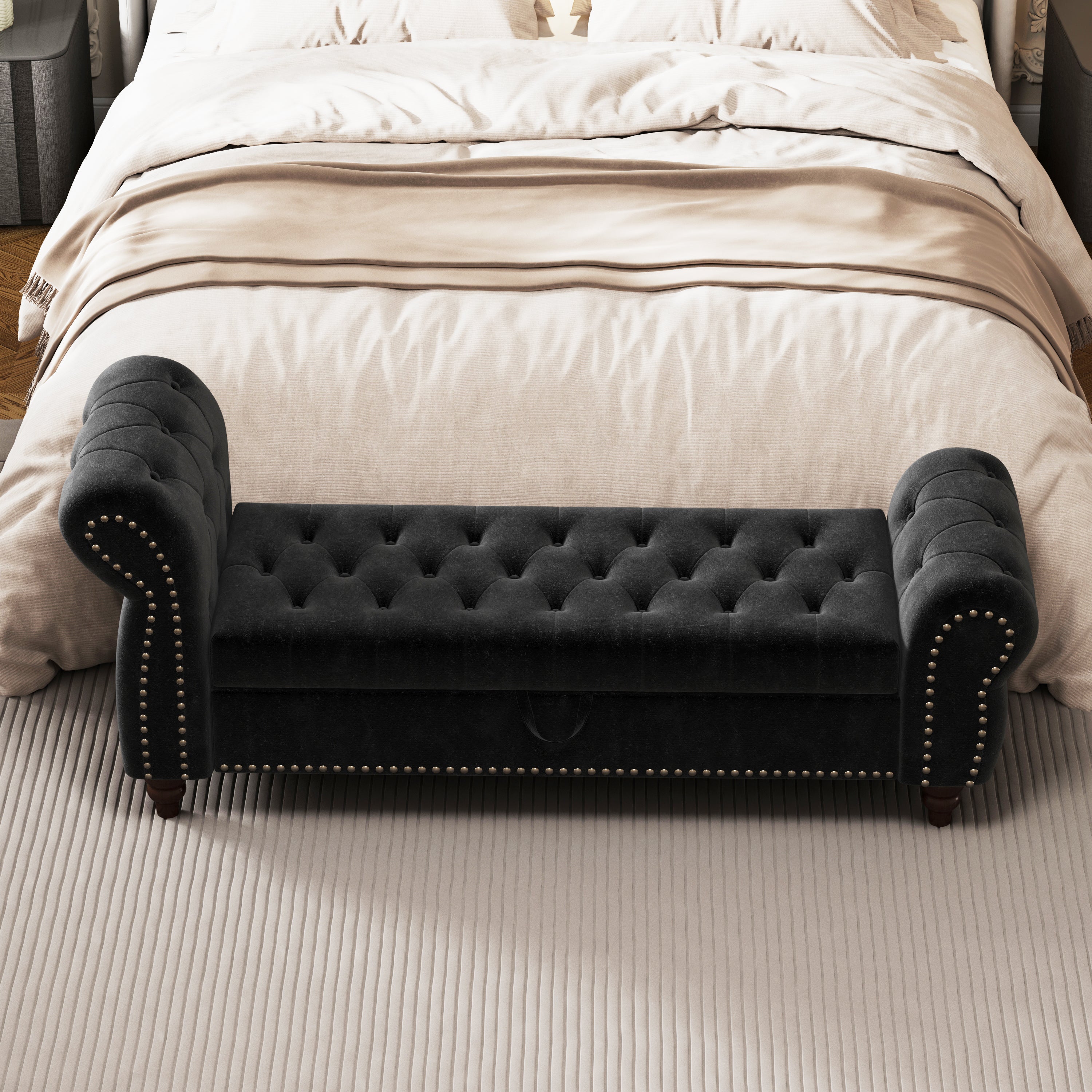 64.5' Bed Bench for Bed Room Nails Tufted Chaise of Lounge with Storage Velvet Upholstery Black - Grand Goldman Shop