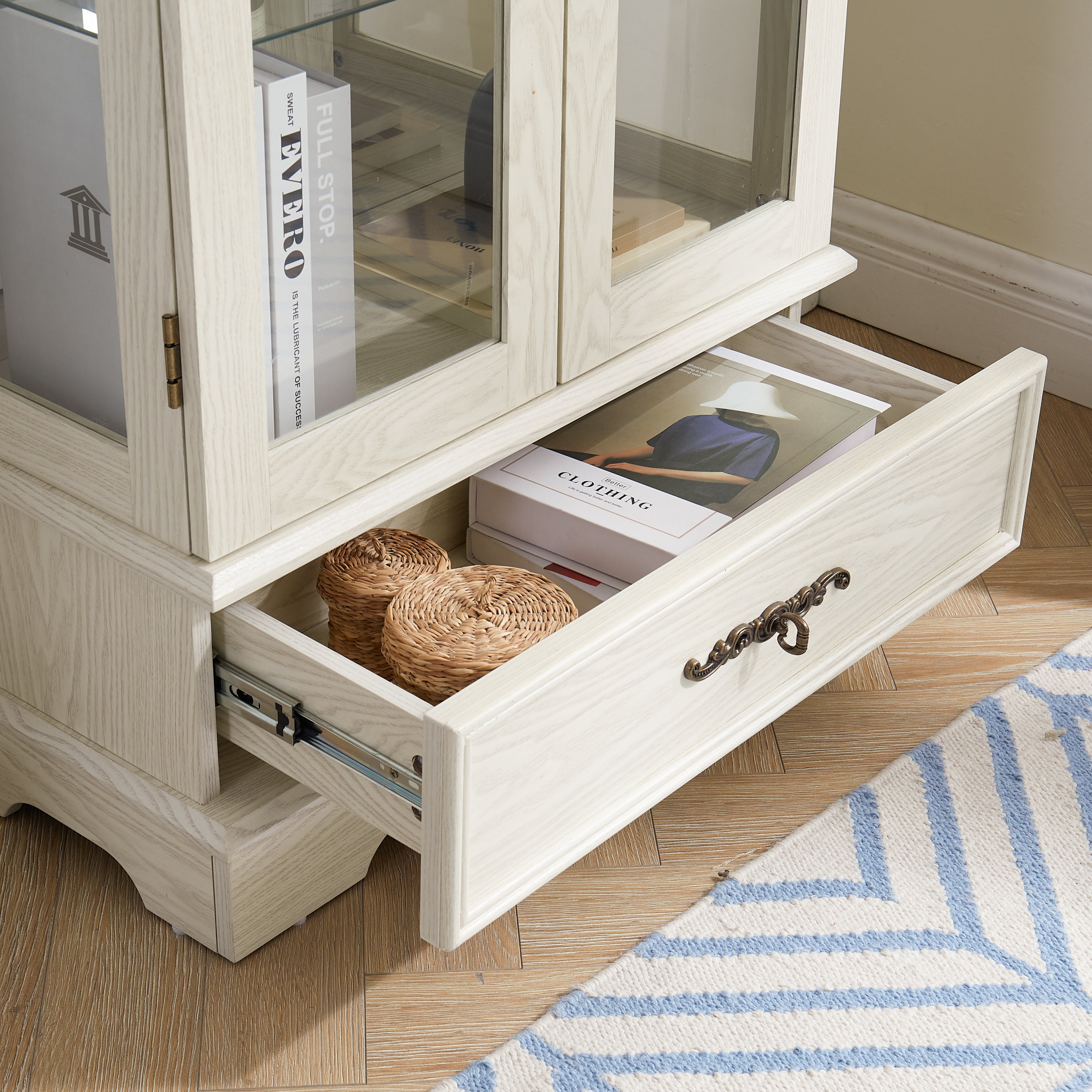 Glass Cabinet Lighted Glass Cabinet Curio Display Cabinet with Adjustable Glass Shelves 2 Doors and 1 drawer Cabinet Bulb Included White - Grand Goldman Shop
