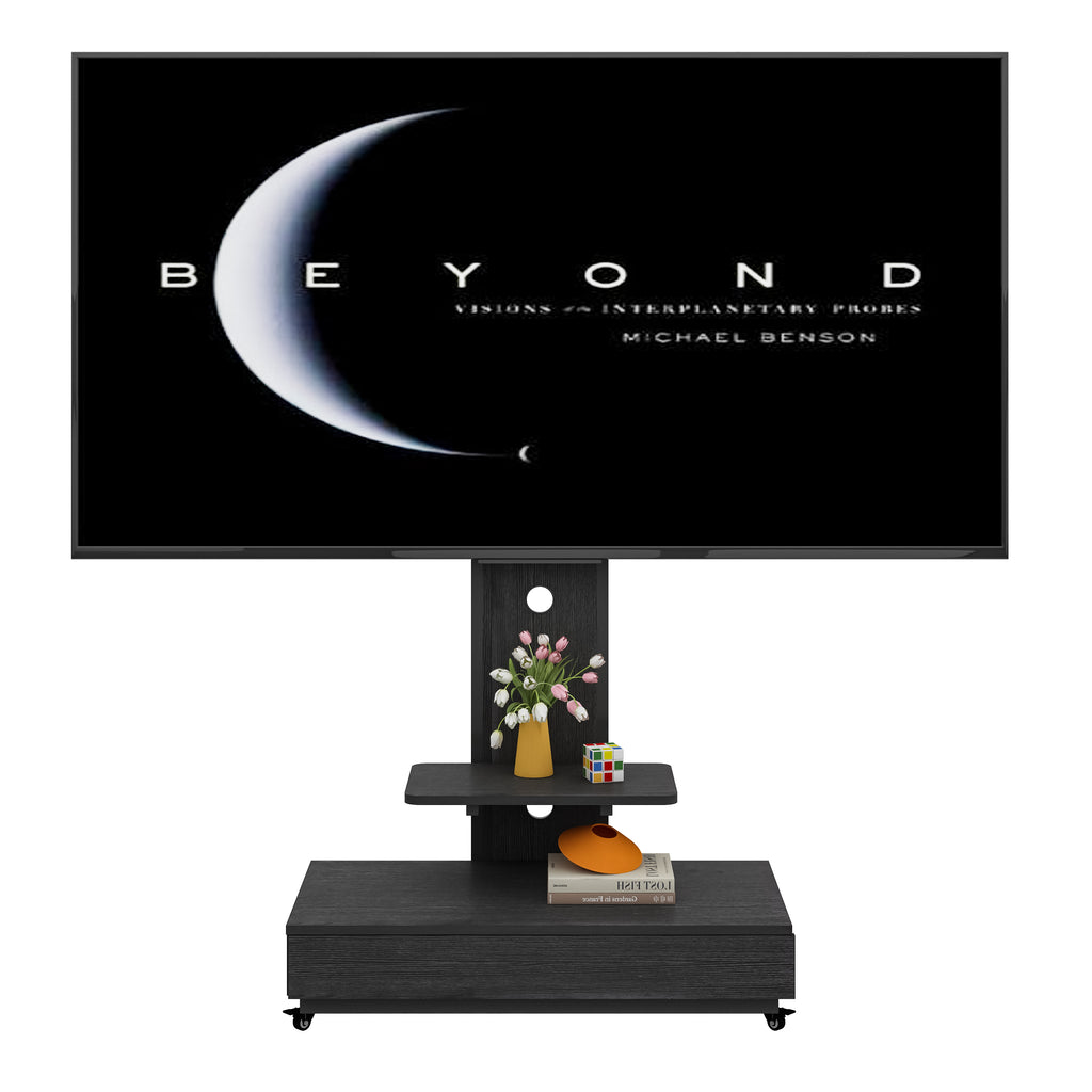 Mobile TV Cart with Push-Pull Drawer for 32-75 Inch TVs, Black MDF and Metal Stand with Lockable Wheels - Grand Goldman Shop
