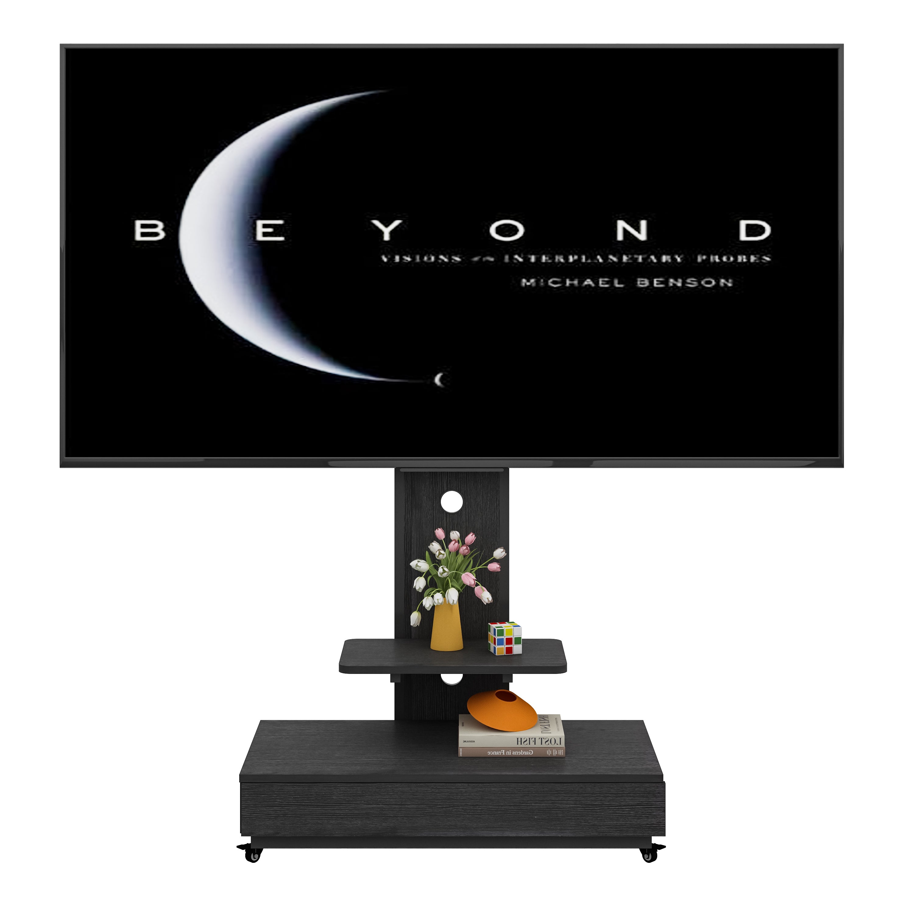 Mobile TV Cart with Push-Pull Drawer for 32-75 Inch TVs, Black MDF and Metal Stand with Lockable Wheels - Grand Goldman Shop