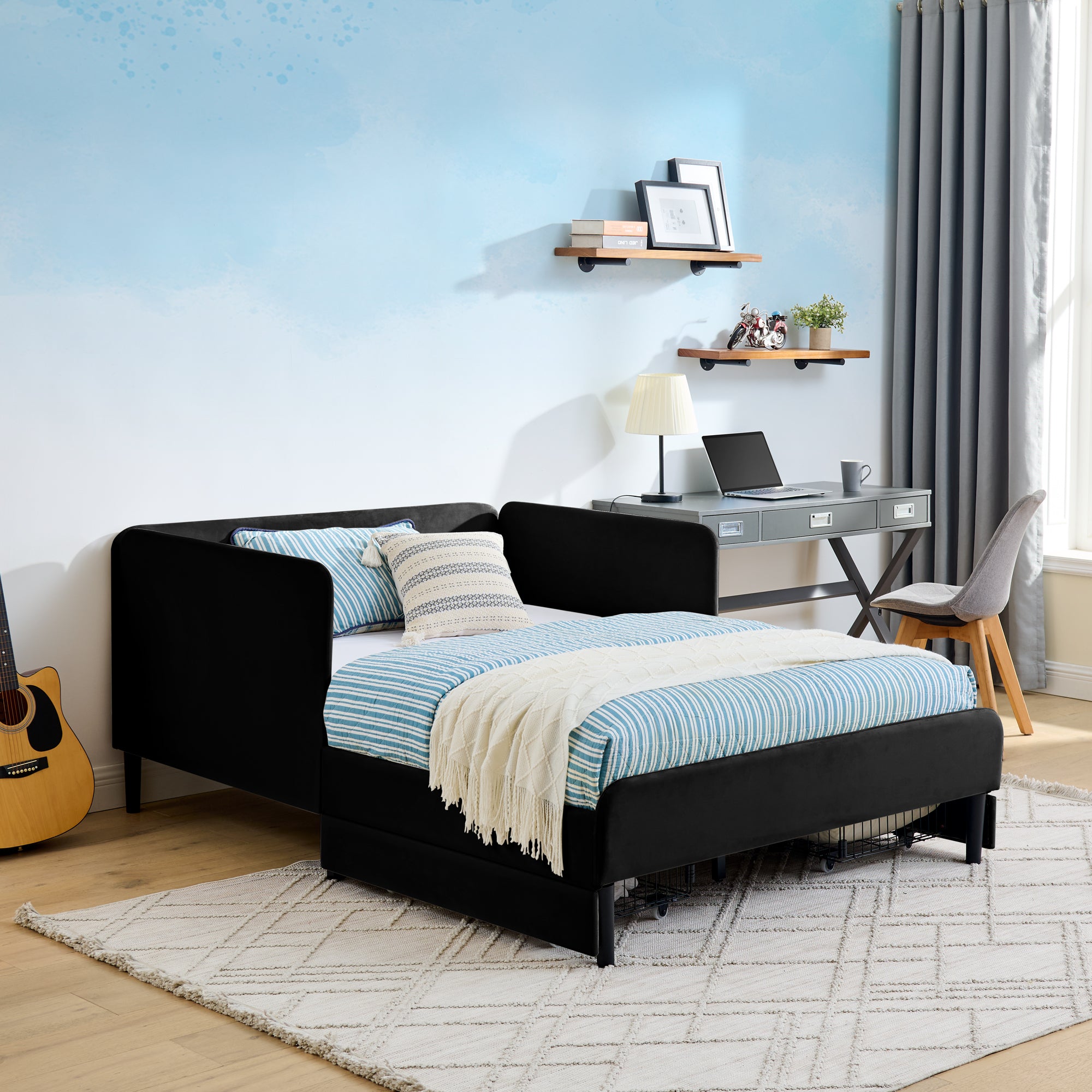 Black Velvet Upholstered Platform Bed Frame with 2 Storage Drawers and Adjustable Sofa Bed, Full Size - Grand Goldman Shop