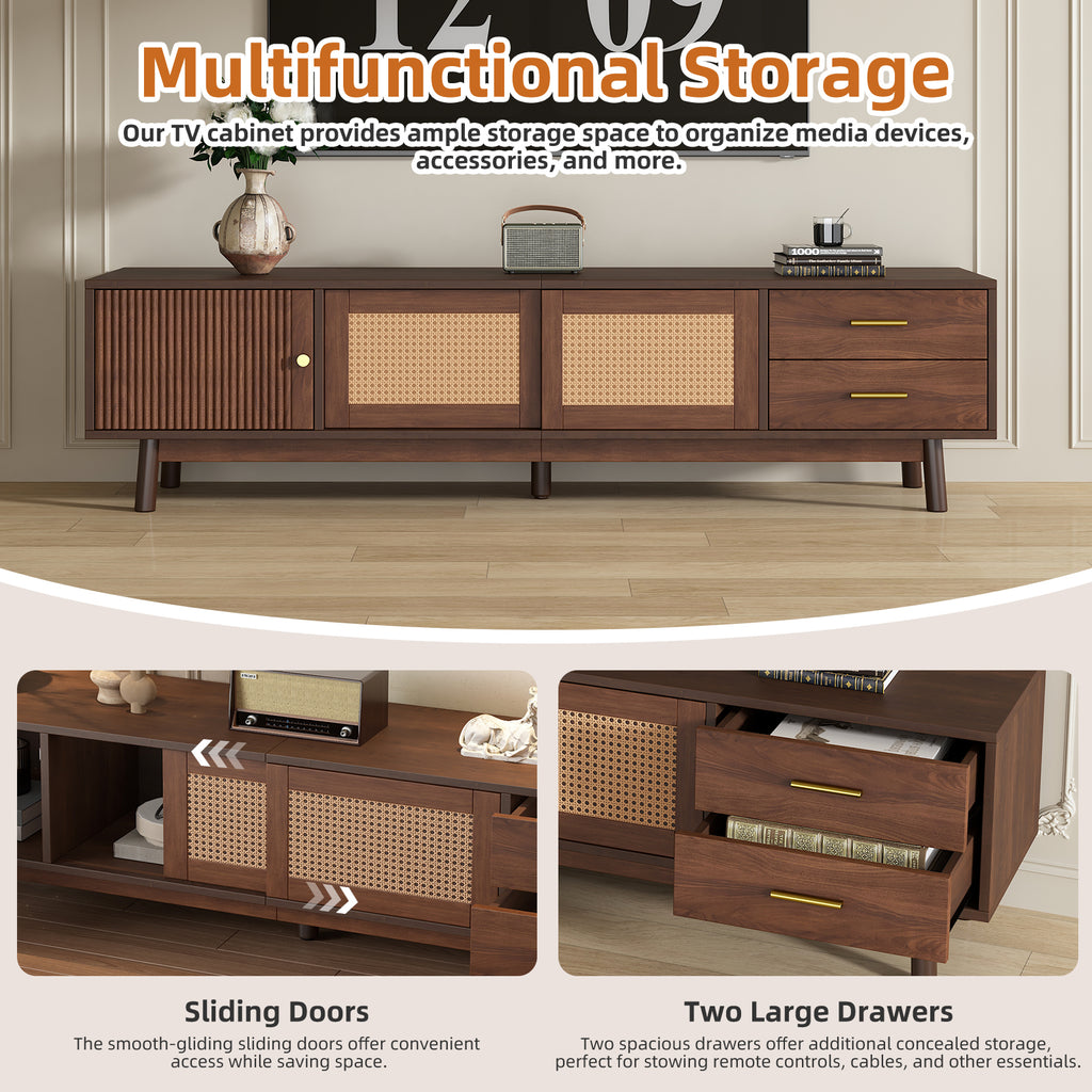 Mid Century Modern TV Stand for 80' TVs with Sliding Doors and Drawers, Dark Brown Rattan Accent Storage Unit in Solid Wood and MDF, 70.87' L x 15.35' W x 18.11' H - Grand Goldman Shop