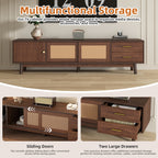 Mid Century Modern TV Stand for 80' TVs with Sliding Doors and Drawers, Dark Brown Rattan Accent Storage Unit in Solid Wood and MDF, 70.87' L x 15.35' W x 18.11' H - Grand Goldman Shop
