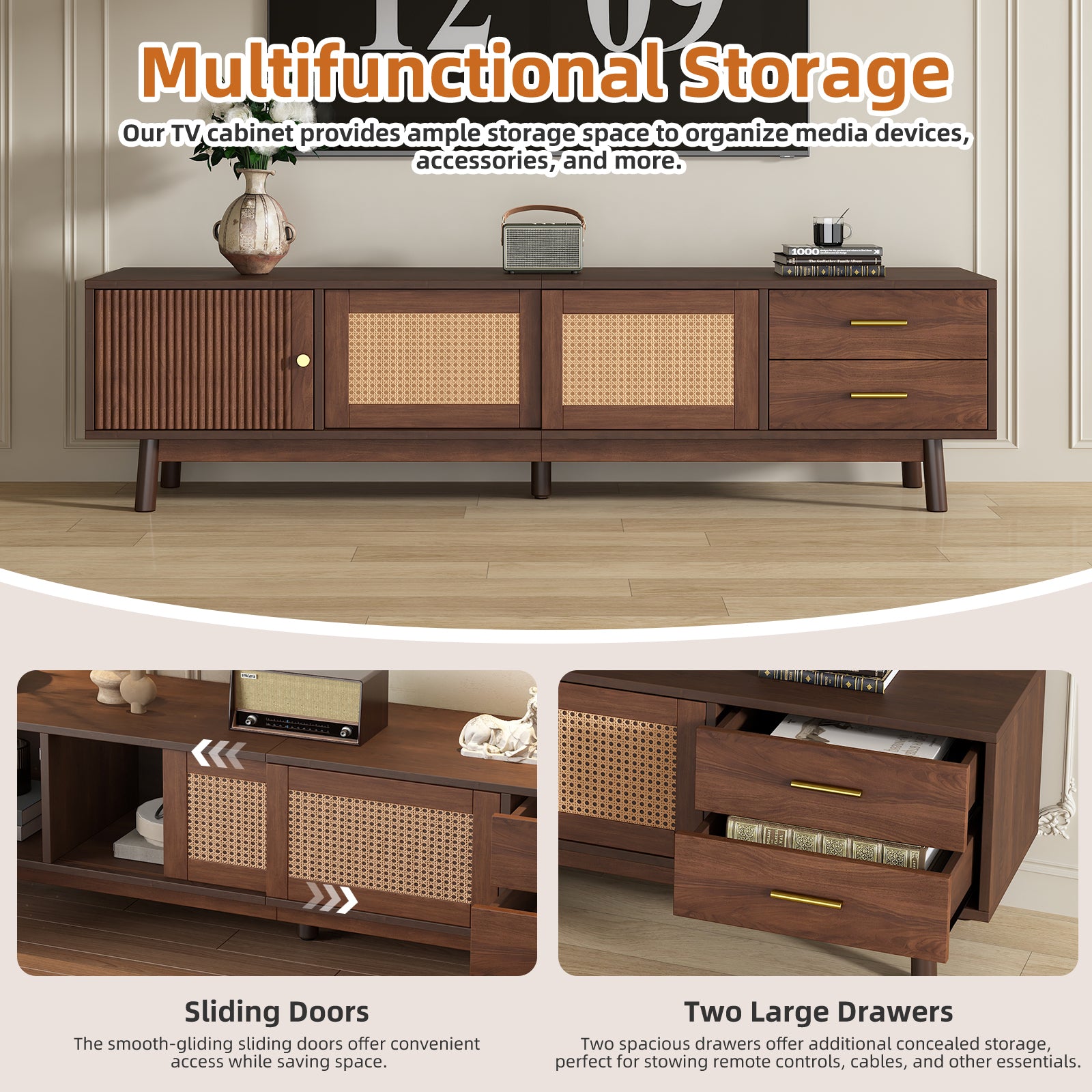 Mid Century Modern TV Stand for 80' TVs with Sliding Doors and Drawers, Dark Brown Rattan Accent Storage Unit in Solid Wood and MDF, 70.87' L x 15.35' W x 18.11' H - Grand Goldman Shop