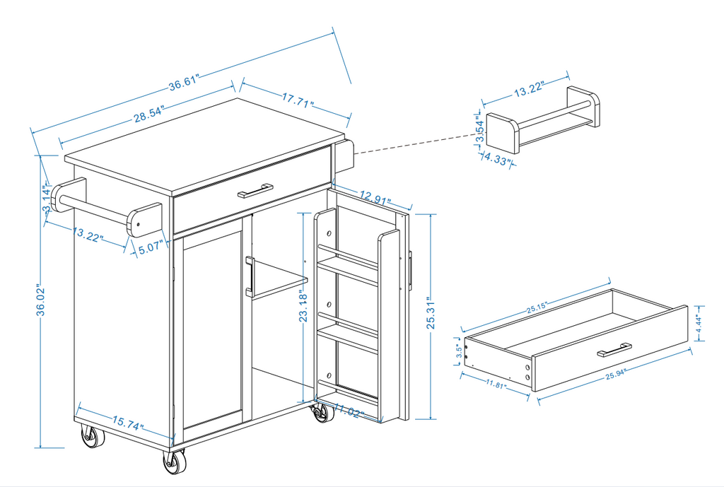 Kitchen island rolling trolley cart with 1 drawer & 2 doors with storage racks & Adjustable Shelves & towel rack & seasoning rack rubber wood table top-White - Grand Goldman Shop