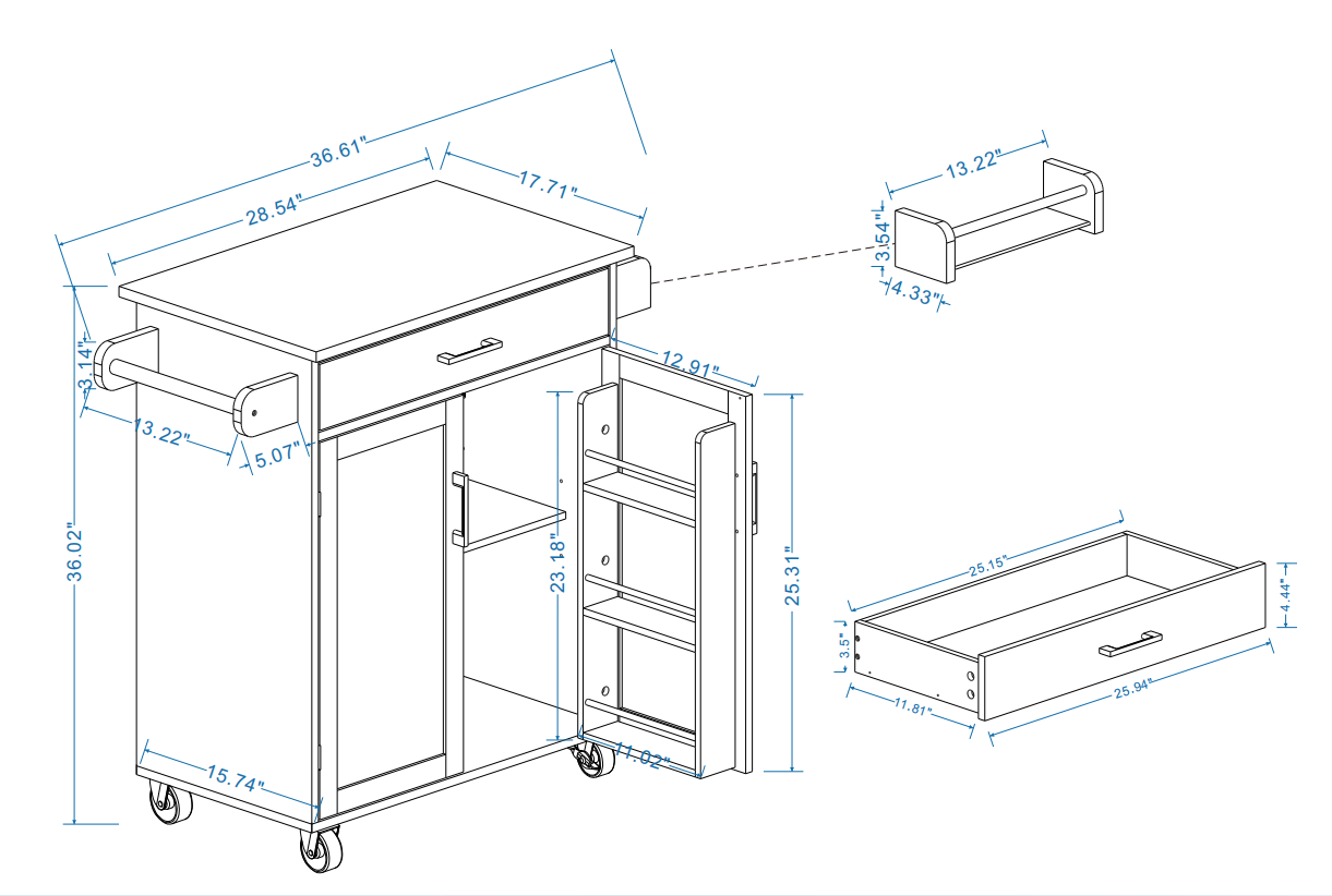 Kitchen island rolling trolley cart with 1 drawer & 2 doors with storage racks & Adjustable Shelves & towel rack & seasoning rack rubber wood table top-White - Grand Goldman Shop