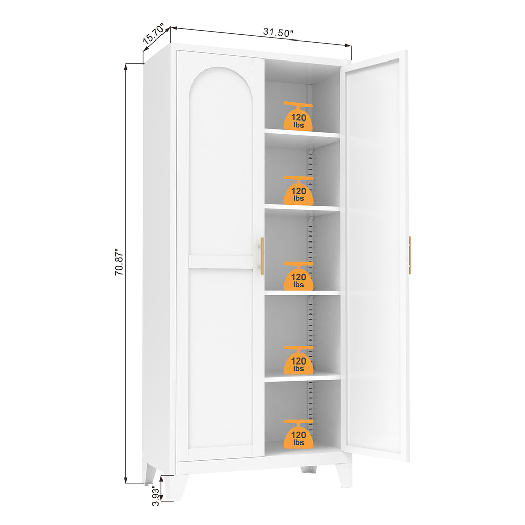 71'' 2 Shapely Doors Cabinet, Metal Storage Cabinet with Doors and Adjustable Shelves, for Bedroom, Living Room, Kitchen (White) - Grand Goldman Shop
