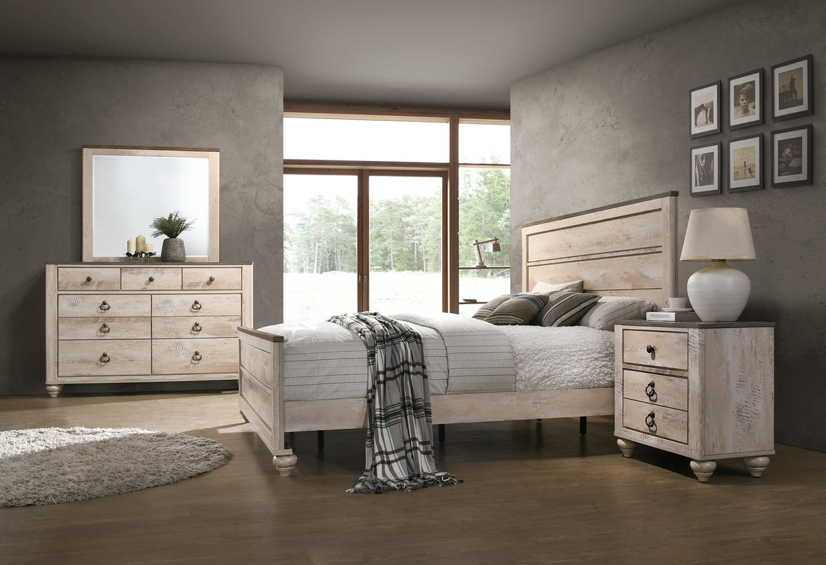 Imerland Contemporary White Wash Finish 4-Piece Bedroom Set-Queen Bed, Dresser, Mirror, Nightstand - Grand Goldman Shop