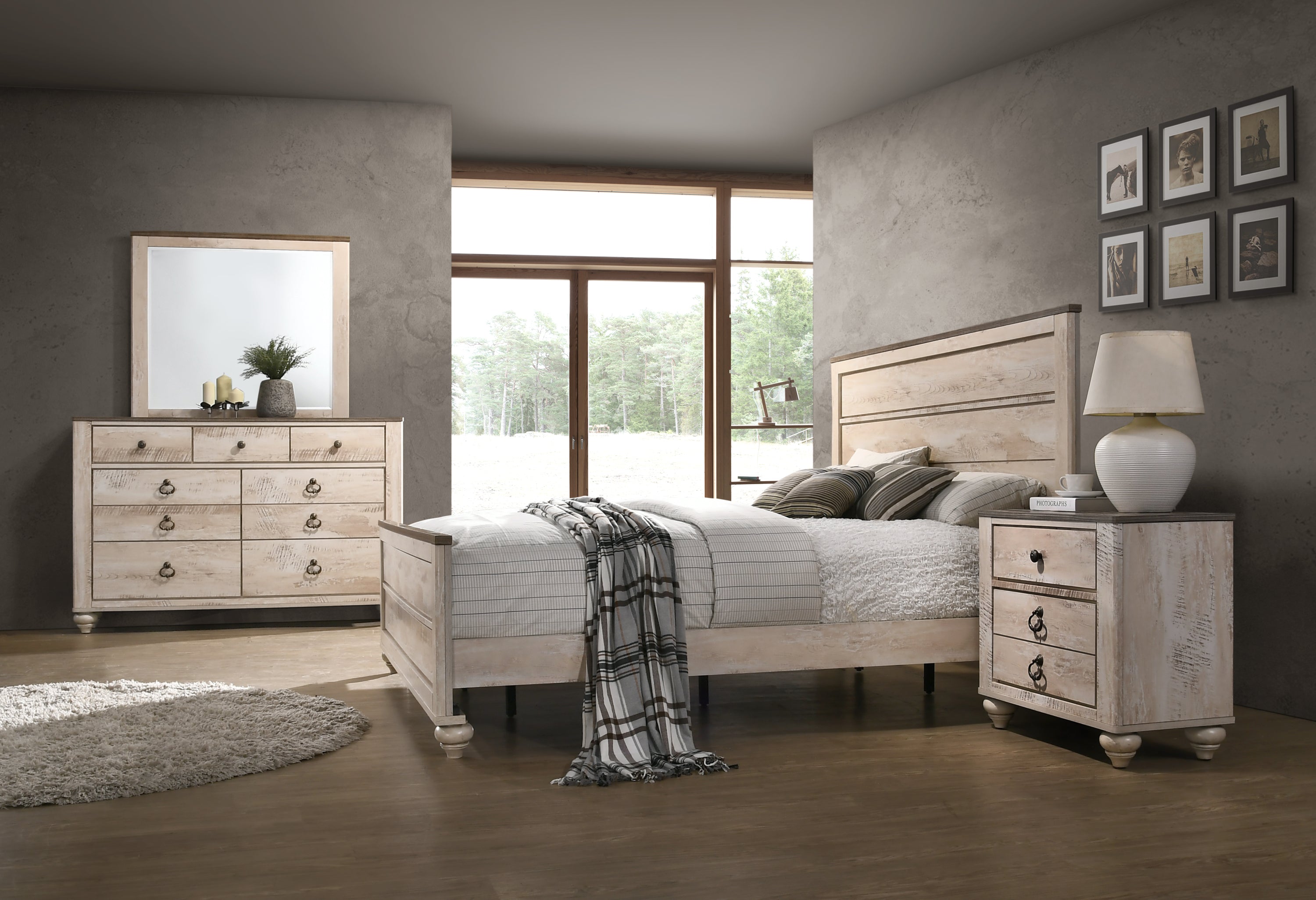 Imerland Contemporary White Wash Finish 4-Piece Bedroom Set-Queen Bed, Dresser, Mirror, Nightstand - Grand Goldman Shop
