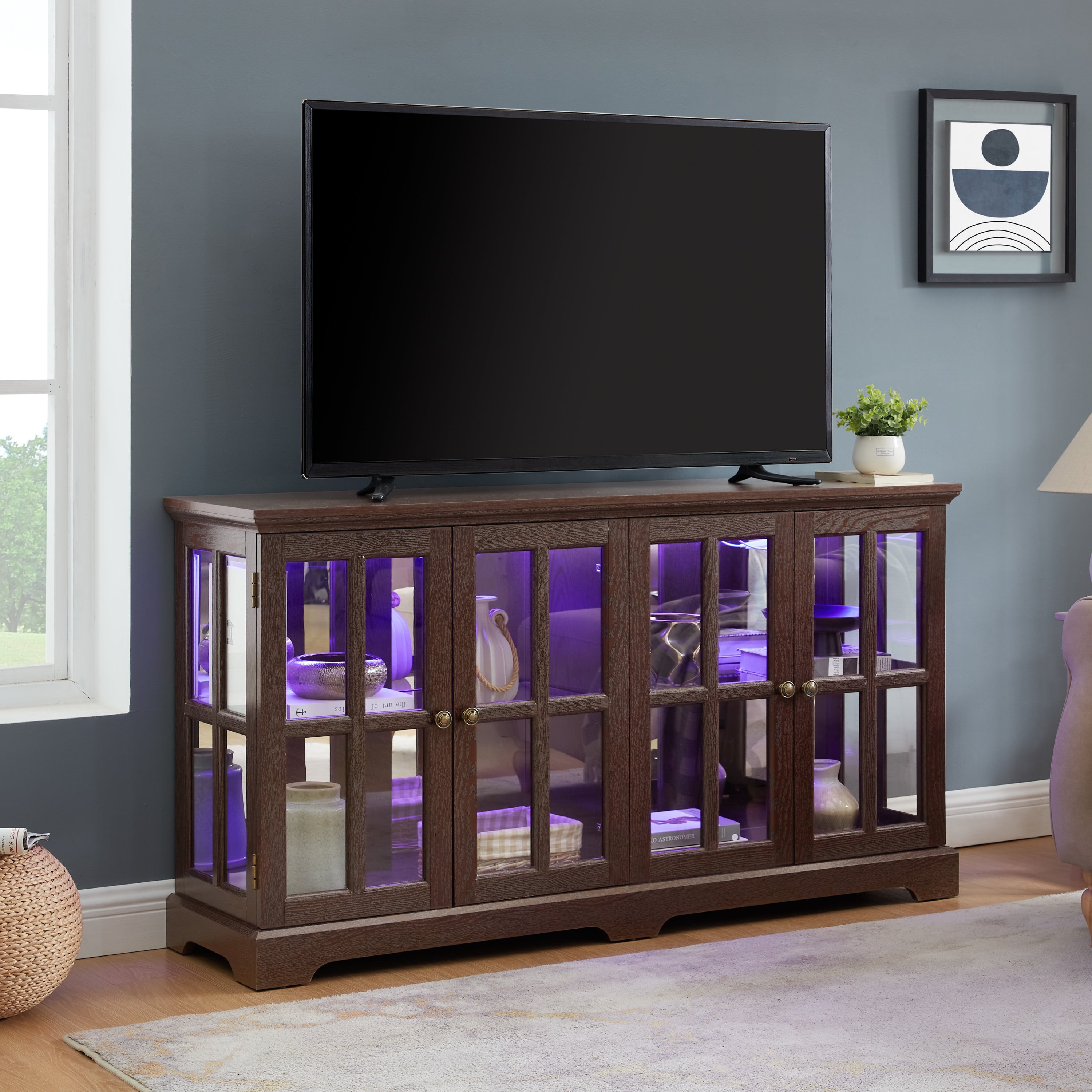LED Curio Display Cabinet Antique Display Cabinet with Glass Doors Adjustable Shelves for Collectibles Four Door Design Vintage Showcase for Home or Office Antique Display Case CHERRY - Grand Goldman Shop