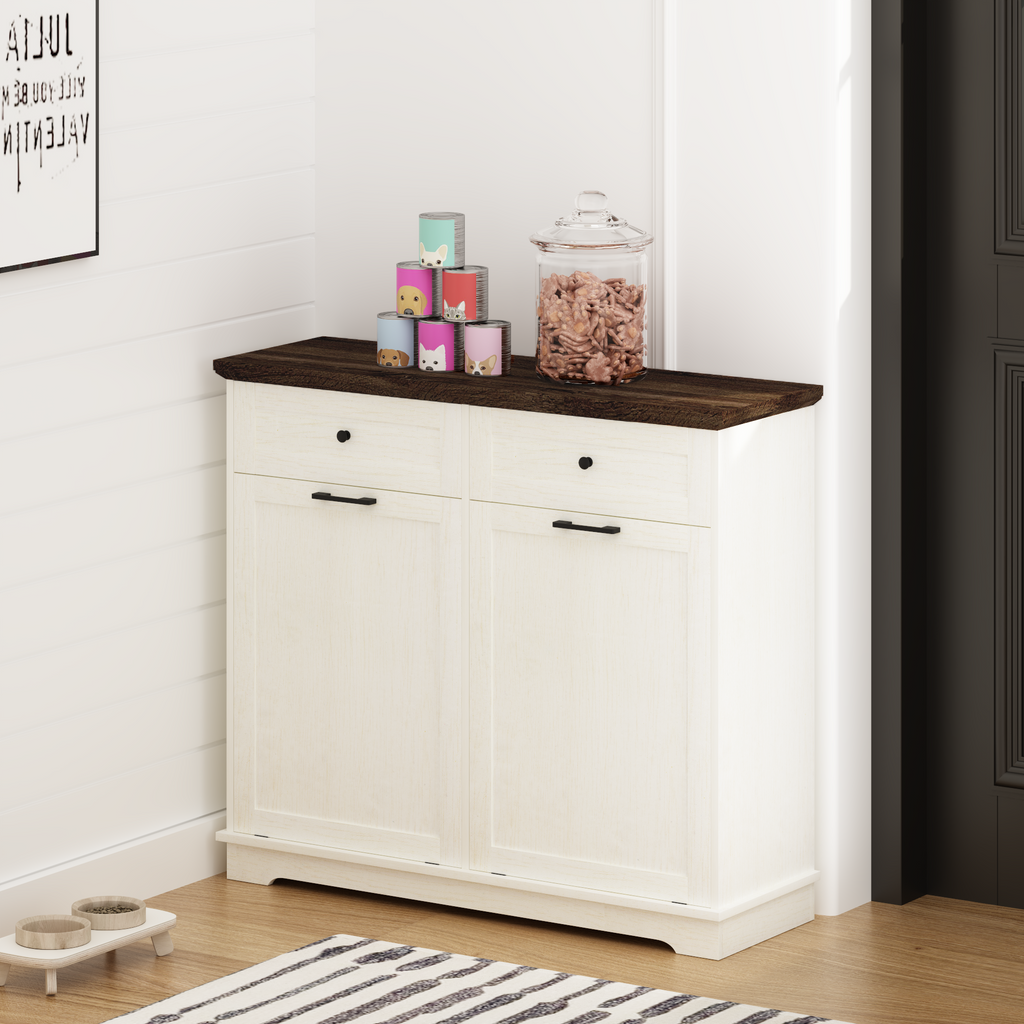 20 Gallon Tilt Out Trash Cabinet Freestanding Trash Bin Cabinet Wood Garbage Recycling Cabinet with Drawer Pet Proof Trash Can Holder for Kitchen Living Room, Antique White (Not include trash can) - Grand Goldman Shop