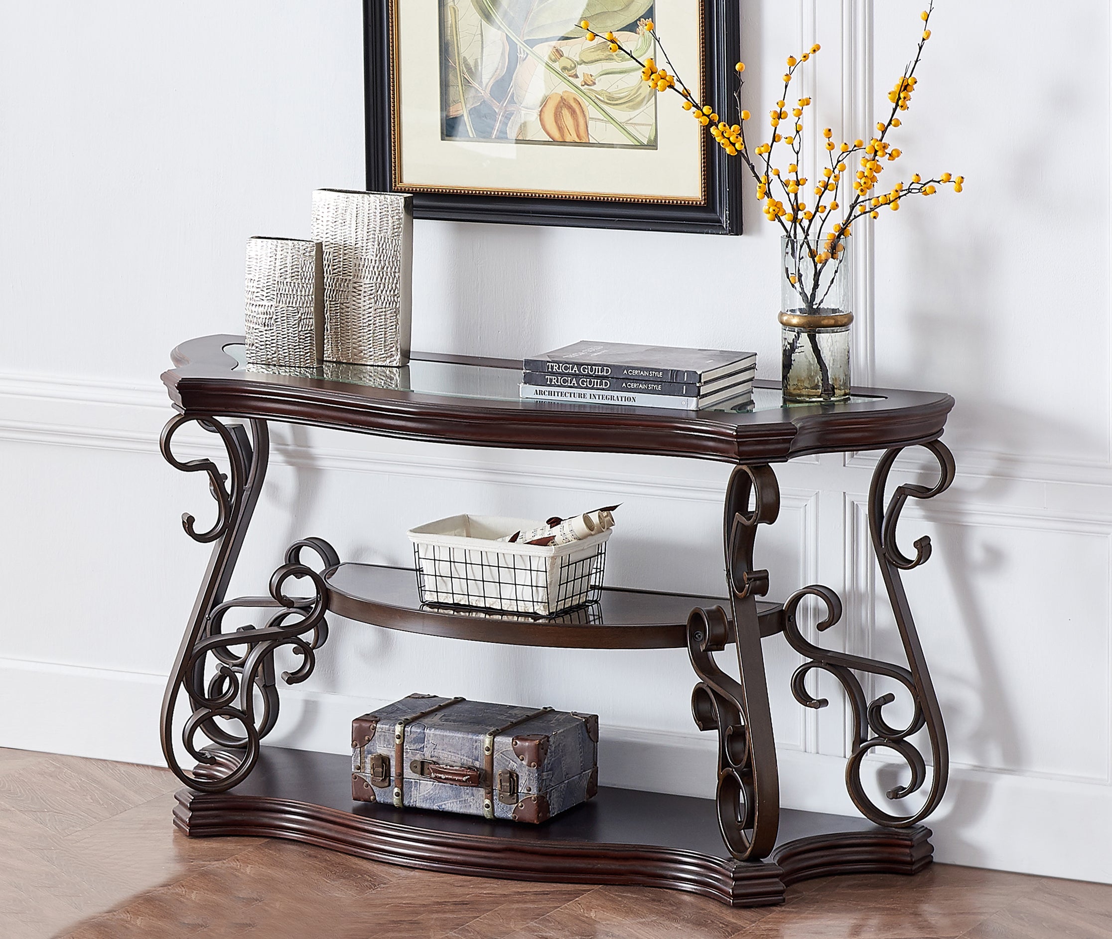 Sofa Table, Glass table top, MDF W/marble paper middle shelf, powder coat finish metal legs. (54'Lx20'Wx30'H) - Grand Goldman Shop