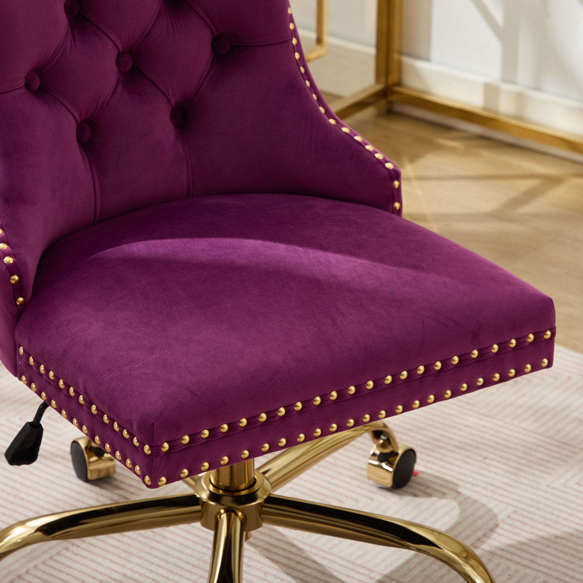 A&A Furniture Office Chair,Modern Velvet Upholstered Tufted Button Home Office Chair with Golden Metal Base,Adjustable Desk C