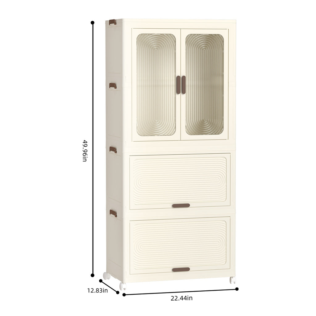 Portable Wardrobe Closet Storage Organizer with Magnetic Doors and Hanging Rod, Cream White - Grand Goldman Shop