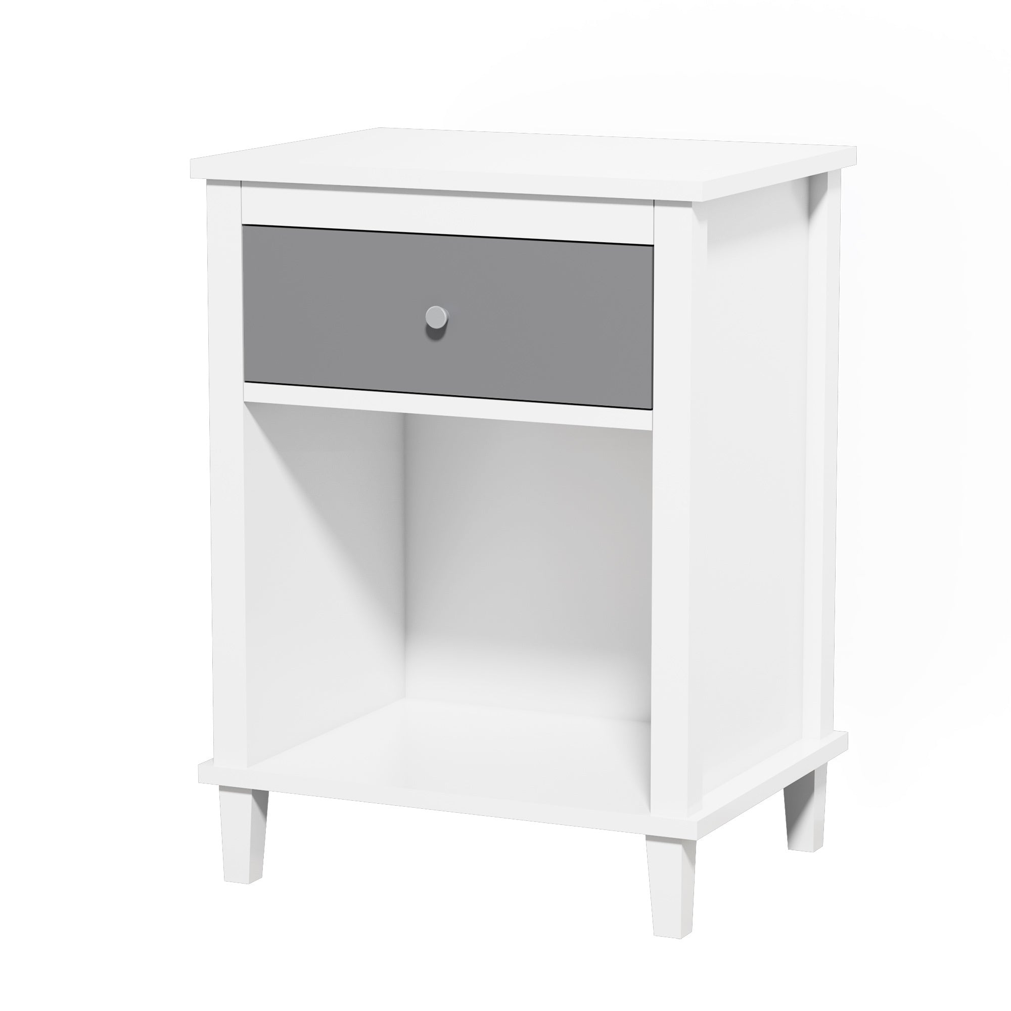 Gray+Silver Handle Wooden Nightstand 26.77''H with One Drawer One Shelf for Kids and Adults, White+Gray Finish MDF - Grand Goldman Shop
