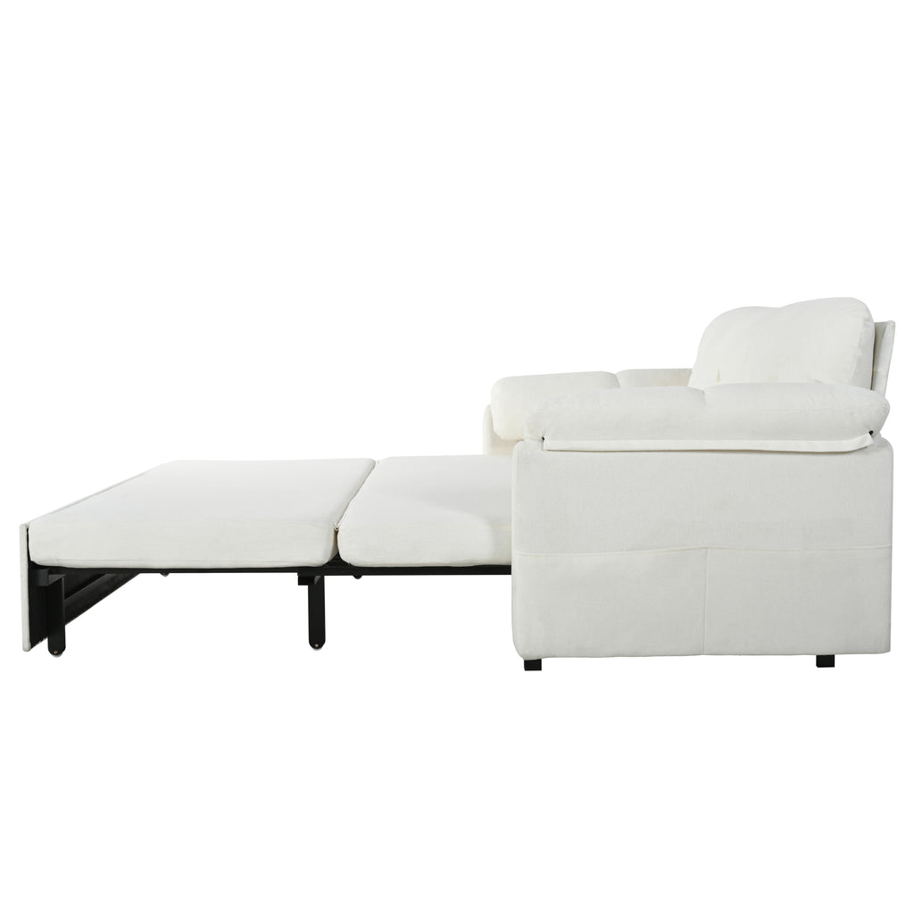 Convertible Pull-Out Queen Sleeper Sofa, 3-in-1 Loveseat with Side Storage & 8 Silent Casters, Beige Chenille Fabric, Fits Living Room, Bedroom, Apartment - Grand Goldman Shop