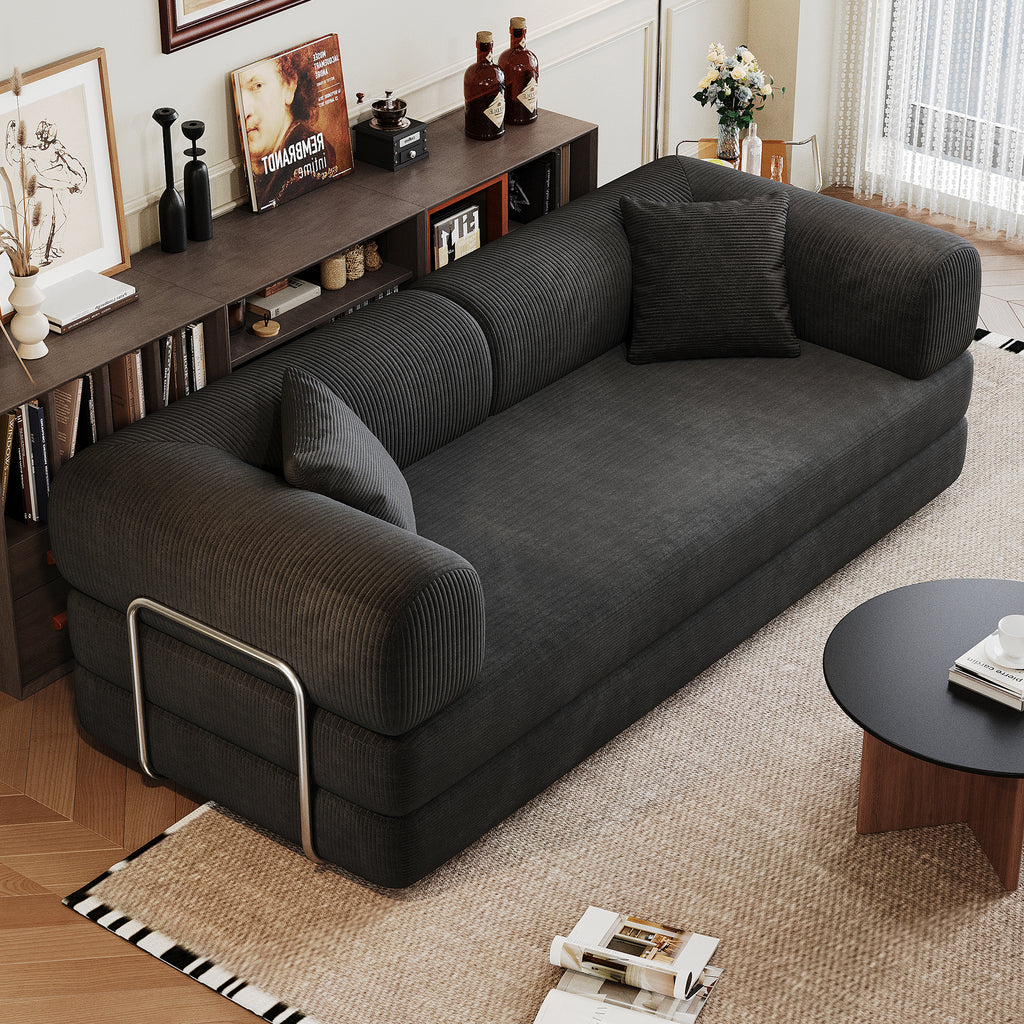 78.8' Compression Sofa,Convertible Floor Sofa Bed-with Pillow Back Support Armrest,Comfy Futon Couch Sleeper Bed,Loveseats Boneless Modular Sectional Sofa,Corduroy fabric,for Living Room,Bedroom,Black - Grand Goldman Shop