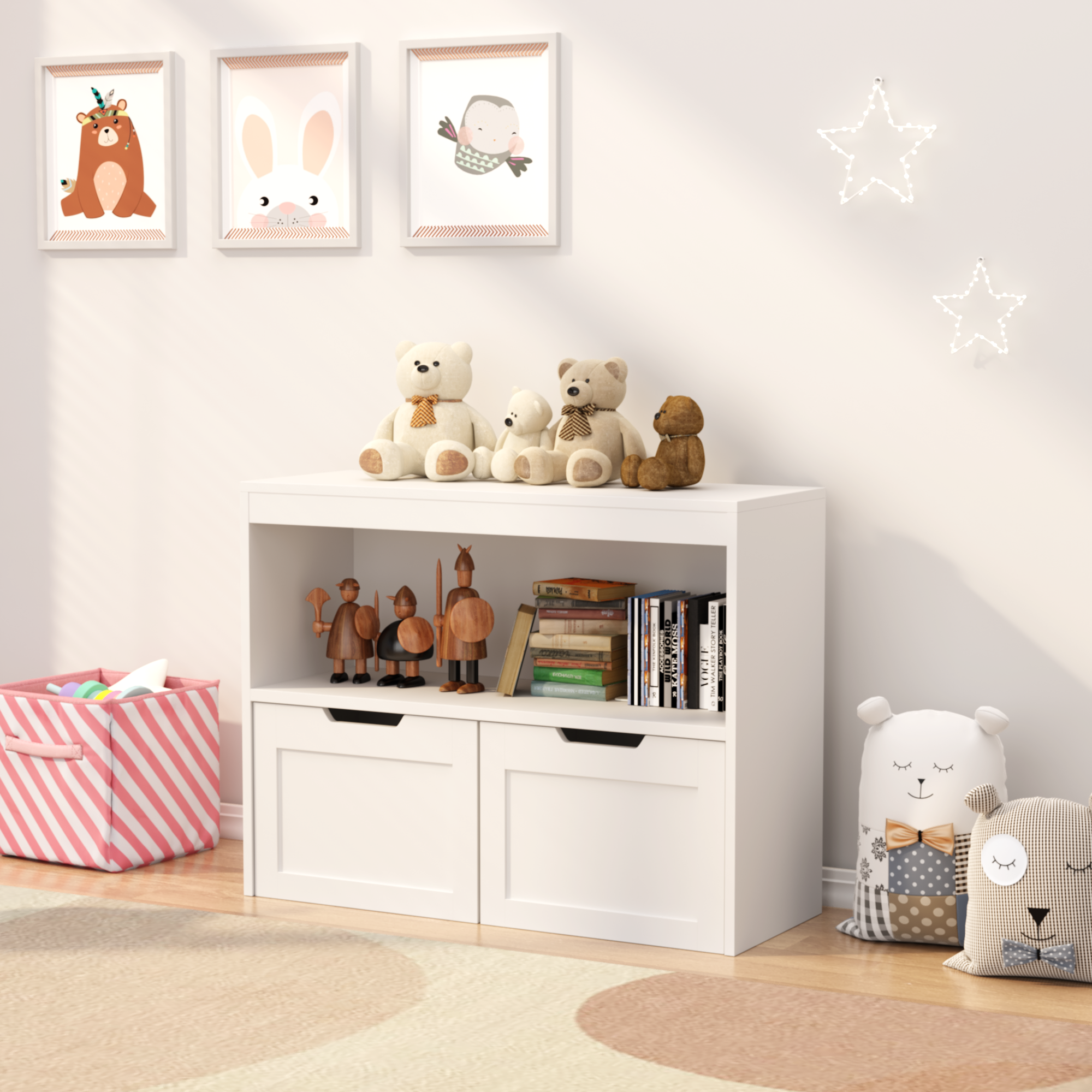 White Book Organizer with Large Drawers and Open Shelves, MDF Toy Storage Cabinet with Removable Wheels and Rounded Edges | P